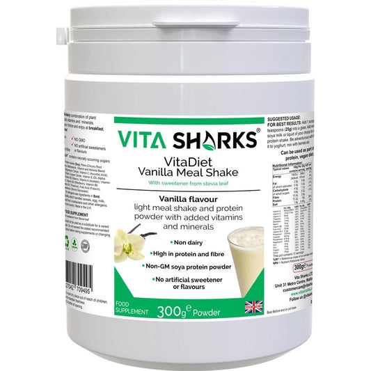 Buy VitaDiet Vanilla | Non-GM Soy Isolate Meal Replacement Shake Immune Health Supplement - Tasty filling meal shake or guilt-free dessert at just 87 calories per serving! Ideal daily shake for slimmers as part of a calorie-controlled diet. Low in fat & fortified with vitamins minerals, also containing fibre adding bulk and promoting a feeling of fullness (helping to curb the appetite). at Sacred Remedy Online