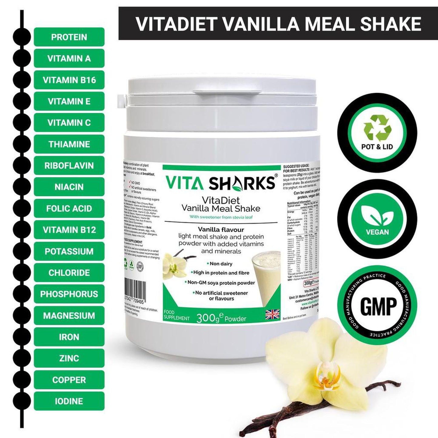 VitaDiet Vanilla | Non-GM Soy Isolate Meal Replacement Shake Immune Health Supplement - Tasty filling meal shake or guilt-free dessert at just 87 calories per serving! Ideal daily shake for slimmers as part of a calorie-controlled diet. Low in fat & fortified with vitamins minerals, also containing fibre adding bulk and promoting a feeling of fullness (helping to curb the appetite). Buy Now at Sacred Remedy