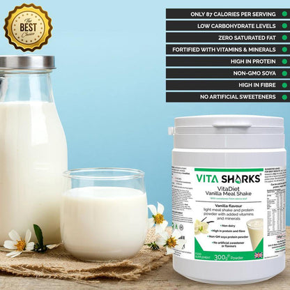 VitaDiet Vanilla | Non-GM Soy Isolate Meal Replacement Shake Immune Health Supplement - Tasty filling meal shake or guilt-free dessert at just 87 calories per serving! Ideal daily shake for slimmers as part of a calorie-controlled diet. Low in fat & fortified with vitamins minerals, also containing fibre adding bulk and promoting a feeling of fullness (helping to curb the appetite). Buy Now at Sacred Remedy