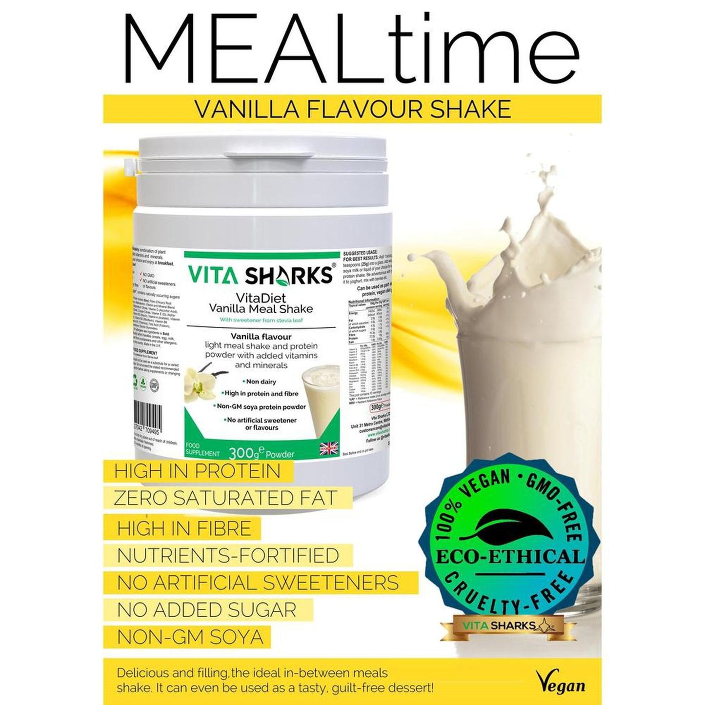 VitaDiet Vanilla | Non-GM Soy Isolate Meal Replacement Shake Immune Health Supplement - Tasty filling meal shake or guilt-free dessert at just 87 calories per serving! Ideal daily shake for slimmers as part of a calorie-controlled diet. Low in fat & fortified with vitamins minerals, also containing fibre adding bulk and promoting a feeling of fullness (helping to curb the appetite). Buy Now at Sacred Remedy