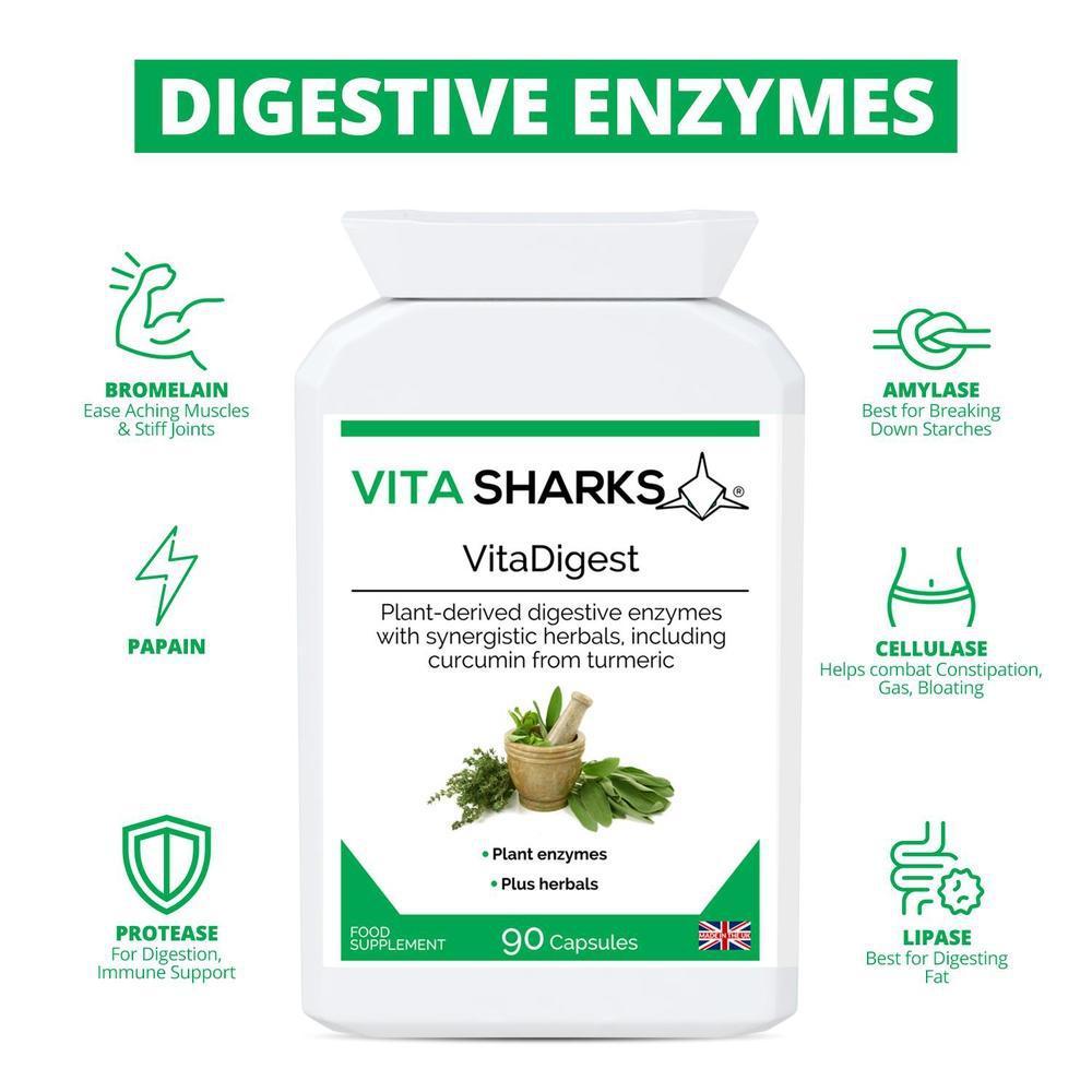 Buy VitaDigest | High Strength Plant Digestive Enzymes. Immunity, Health & Vitamin Support - A high-strength health supplement which combines a broad spectrum range of plant-derived digestive enzymes with carminative, anti-spasmodic and gut-soothing herbs. A unique blend to aid the digestive system naturally and healthily. at Sacred Remedy Online