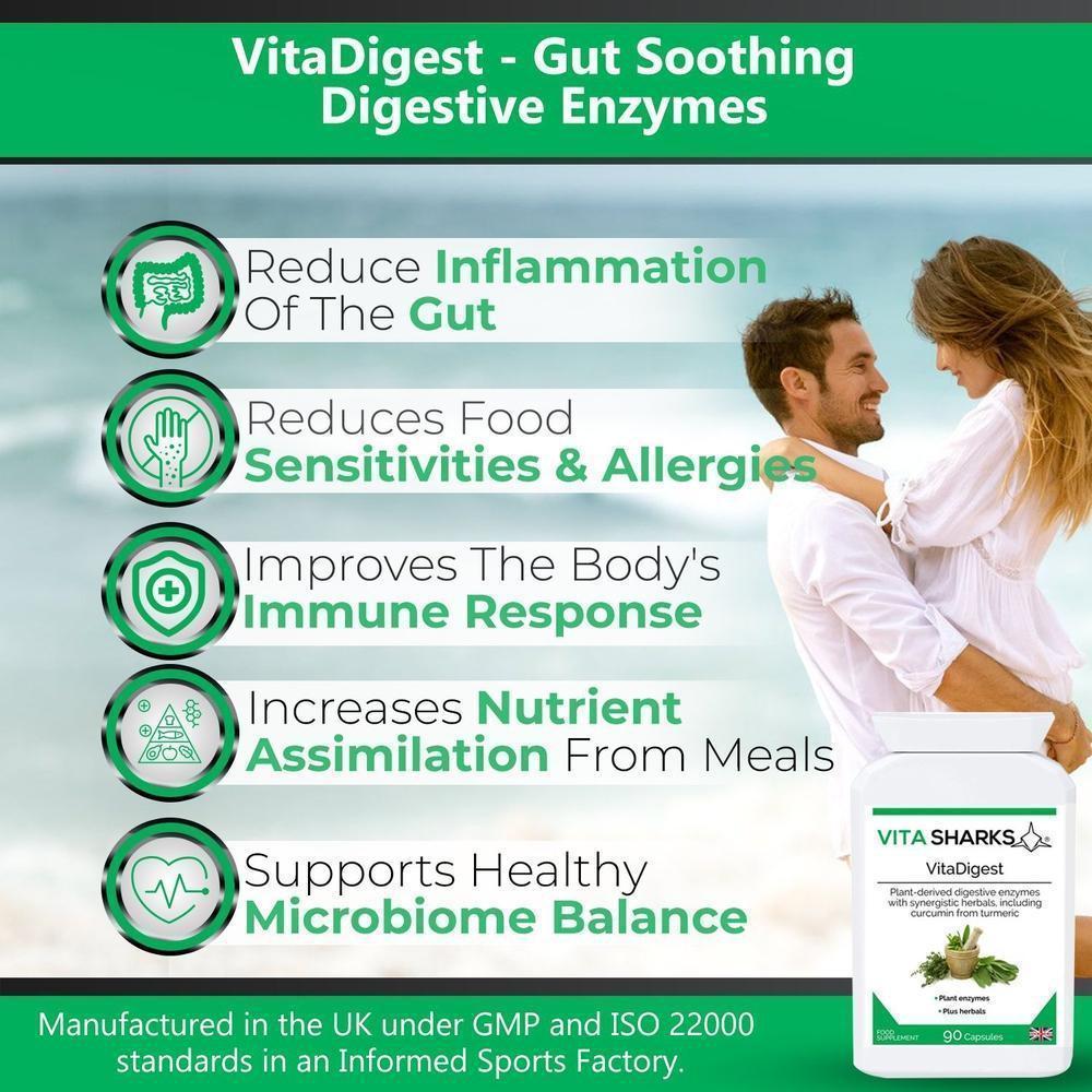 Buy VitaDigest | High Strength Plant Digestive Enzymes. Immunity, Health & Vitamin Support - A high-strength health supplement which combines a broad spectrum range of plant-derived digestive enzymes with carminative, anti-spasmodic and gut-soothing herbs. A unique blend to aid the digestive system naturally and healthily. at Sacred Remedy Online