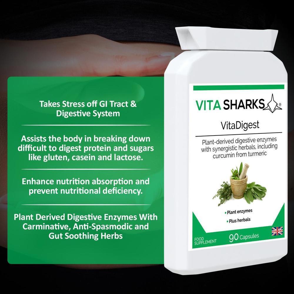 Buy VitaDigest | High Strength Plant Digestive Enzymes. Immunity, Health & Vitamin Support - A high-strength health supplement which combines a broad spectrum range of plant-derived digestive enzymes with carminative, anti-spasmodic and gut-soothing herbs. A unique blend to aid the digestive system naturally and healthily. at Sacred Remedy Online