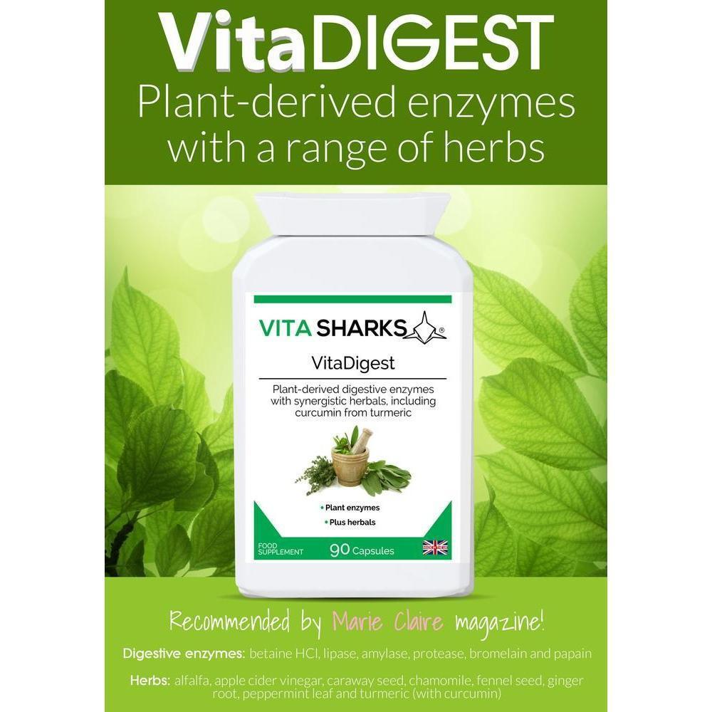 Buy VitaDigest | High Strength Plant Digestive Enzymes. Immunity, Health & Vitamin Support - A high-strength health supplement which combines a broad spectrum range of plant-derived digestive enzymes with carminative, anti-spasmodic and gut-soothing herbs. A unique blend to aid the digestive system naturally and healthily. at Sacred Remedy Online