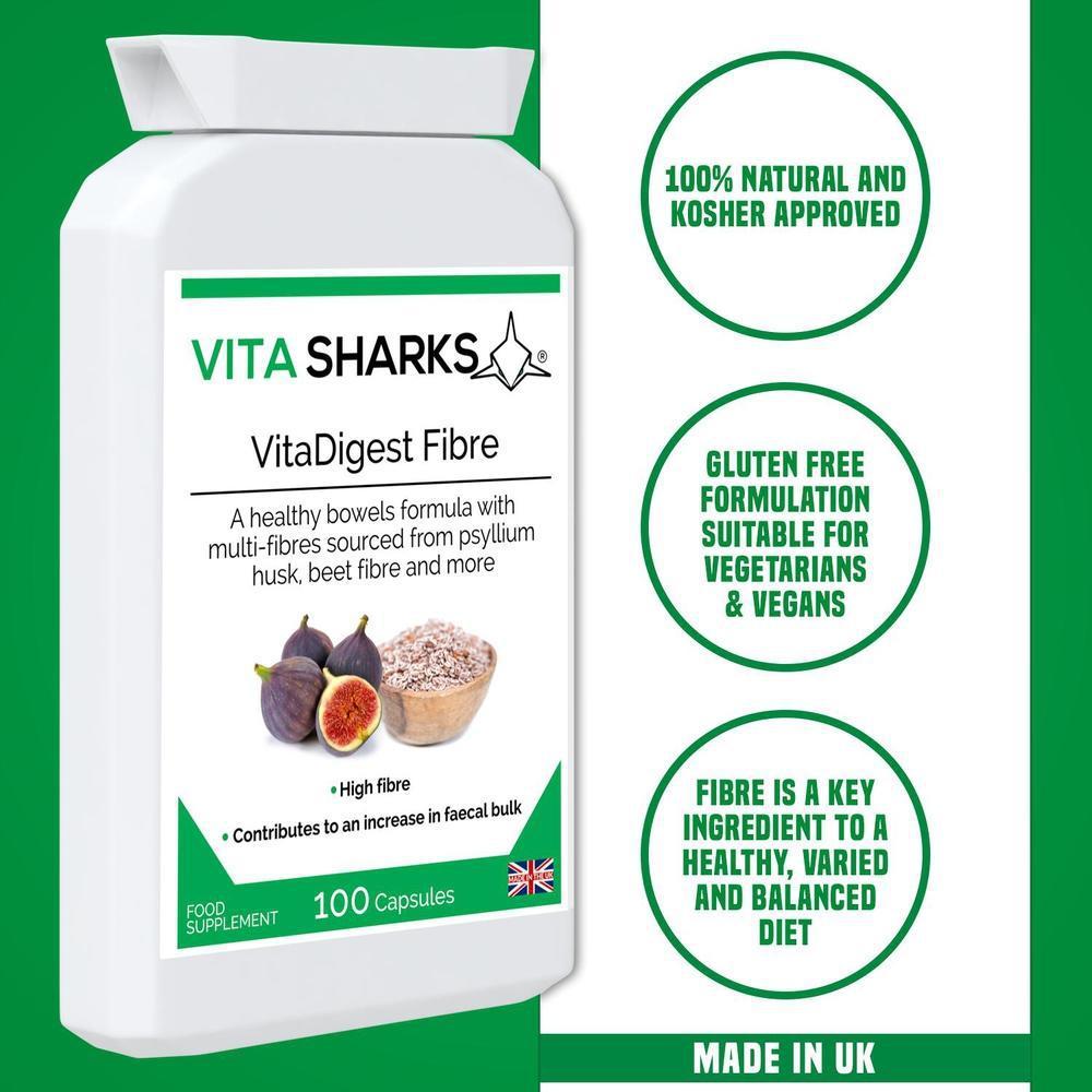 Buy VitaDigest Fibre | Multi-Fibre Nutritional Complex to Increase Faecal Bulk & Soften Stools - A multi-fibre blend, providing 513mg of dietary fibre per capsule. The high-quality fibre is derived from psyllium husk, flaxseed, sugar beet, prune juice, fig fruit, rhubarb, pectin and other naturally high-fibre foods and herbs. at Sacred Remedy Online