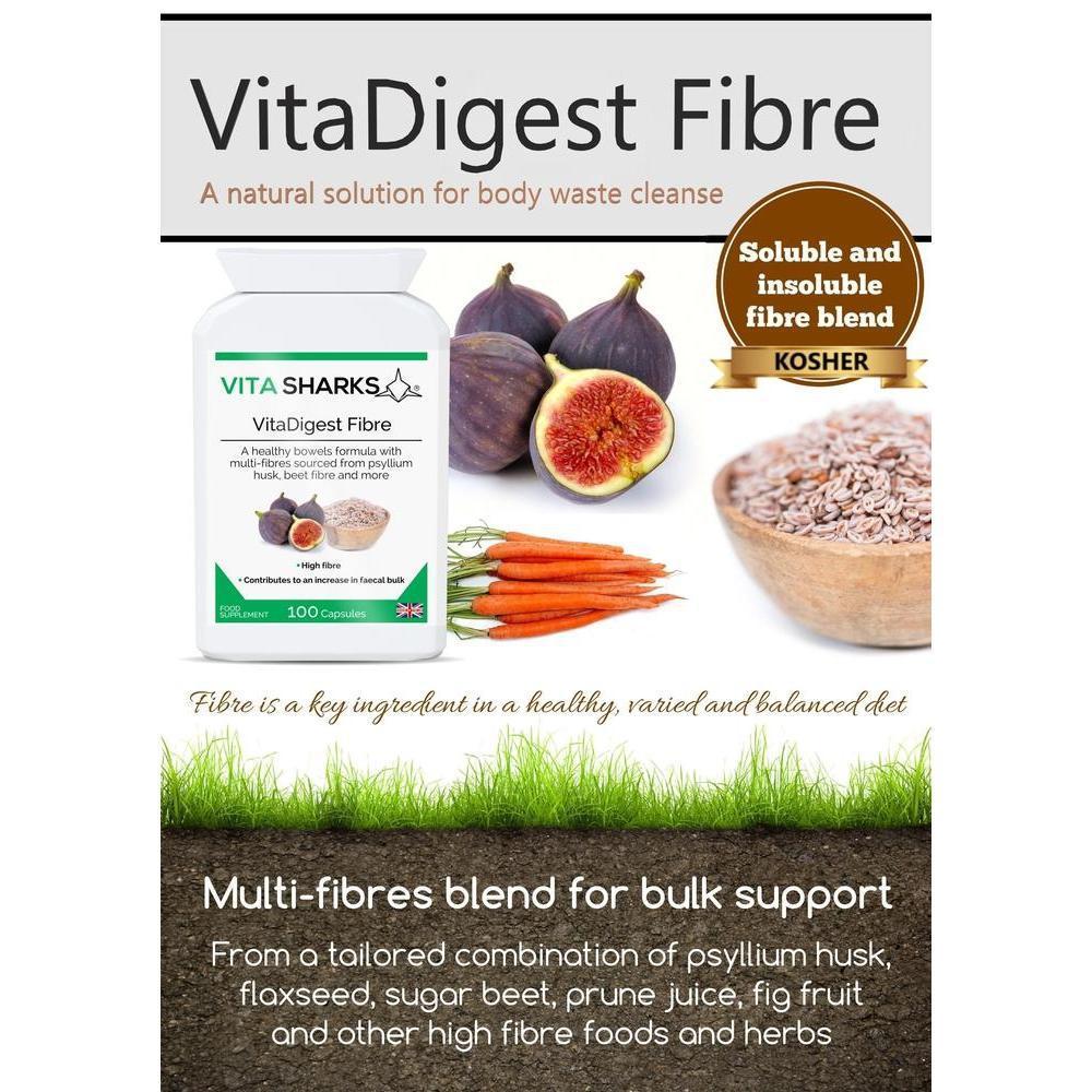 Buy VitaDigest Fibre | Multi-Fibre Nutritional Complex to Increase Faecal Bulk & Soften Stools - A multi-fibre blend, providing 513mg of dietary fibre per capsule. The high-quality fibre is derived from psyllium husk, flaxseed, sugar beet, prune juice, fig fruit, rhubarb, pectin and other naturally high-fibre foods and herbs. at Sacred Remedy Online