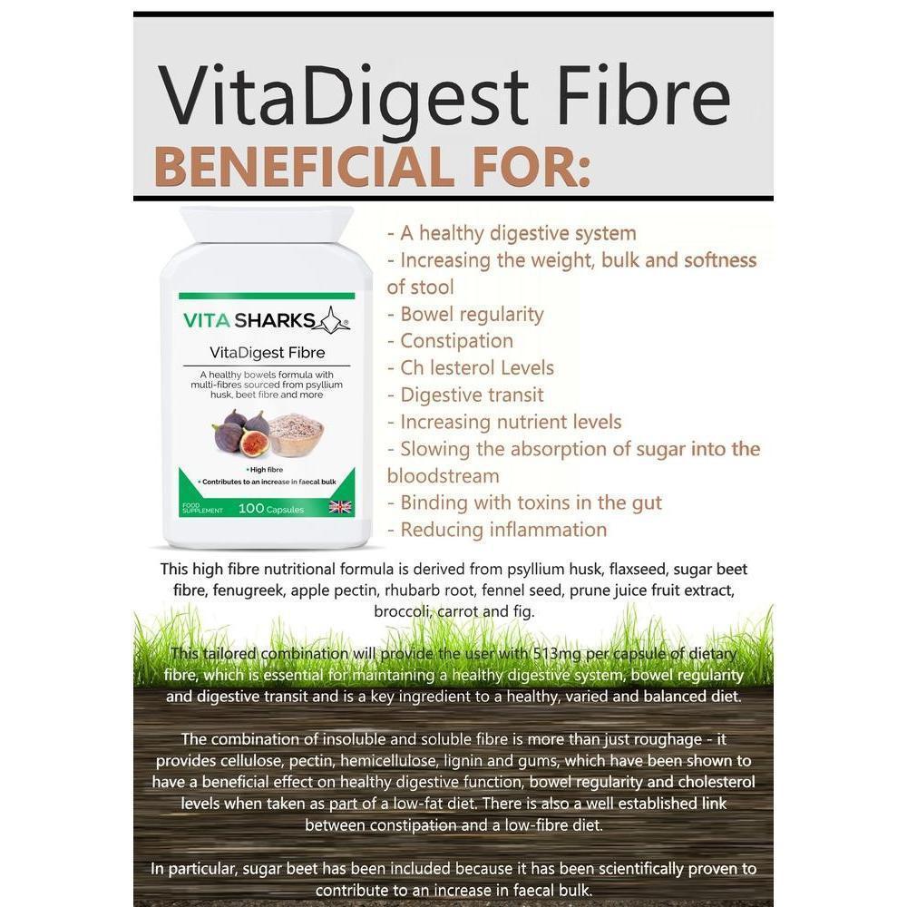 Buy VitaDigest Fibre | Multi-Fibre Nutritional Complex to Increase Faecal Bulk & Soften Stools - A multi-fibre blend, providing 513mg of dietary fibre per capsule. The high-quality fibre is derived from psyllium husk, flaxseed, sugar beet, prune juice, fig fruit, rhubarb, pectin and other naturally high-fibre foods and herbs. at Sacred Remedy Online