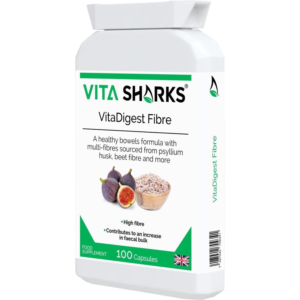 Buy VitaDigest Fibre | Multi-Fibre Nutritional Complex to Increase Faecal Bulk & Soften Stools - A multi-fibre blend, providing 513mg of dietary fibre per capsule. The high-quality fibre is derived from psyllium husk, flaxseed, sugar beet, prune juice, fig fruit, rhubarb, pectin and other naturally high-fibre foods and herbs. at Sacred Remedy Online