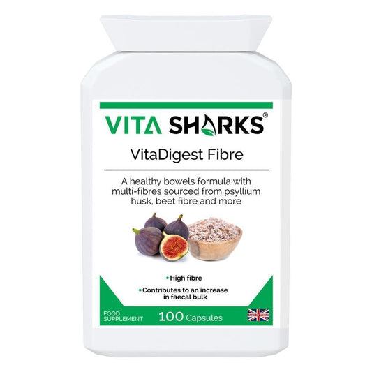 Buy VitaDigest Fibre | Multi-Fibre Nutritional Complex to Increase Faecal Bulk & Soften Stools - A multi-fibre blend, providing 513mg of dietary fibre per capsule. The high-quality fibre is derived from psyllium husk, flaxseed, sugar beet, prune juice, fig fruit, rhubarb, pectin and other naturally high-fibre foods and herbs. at Sacred Remedy Online