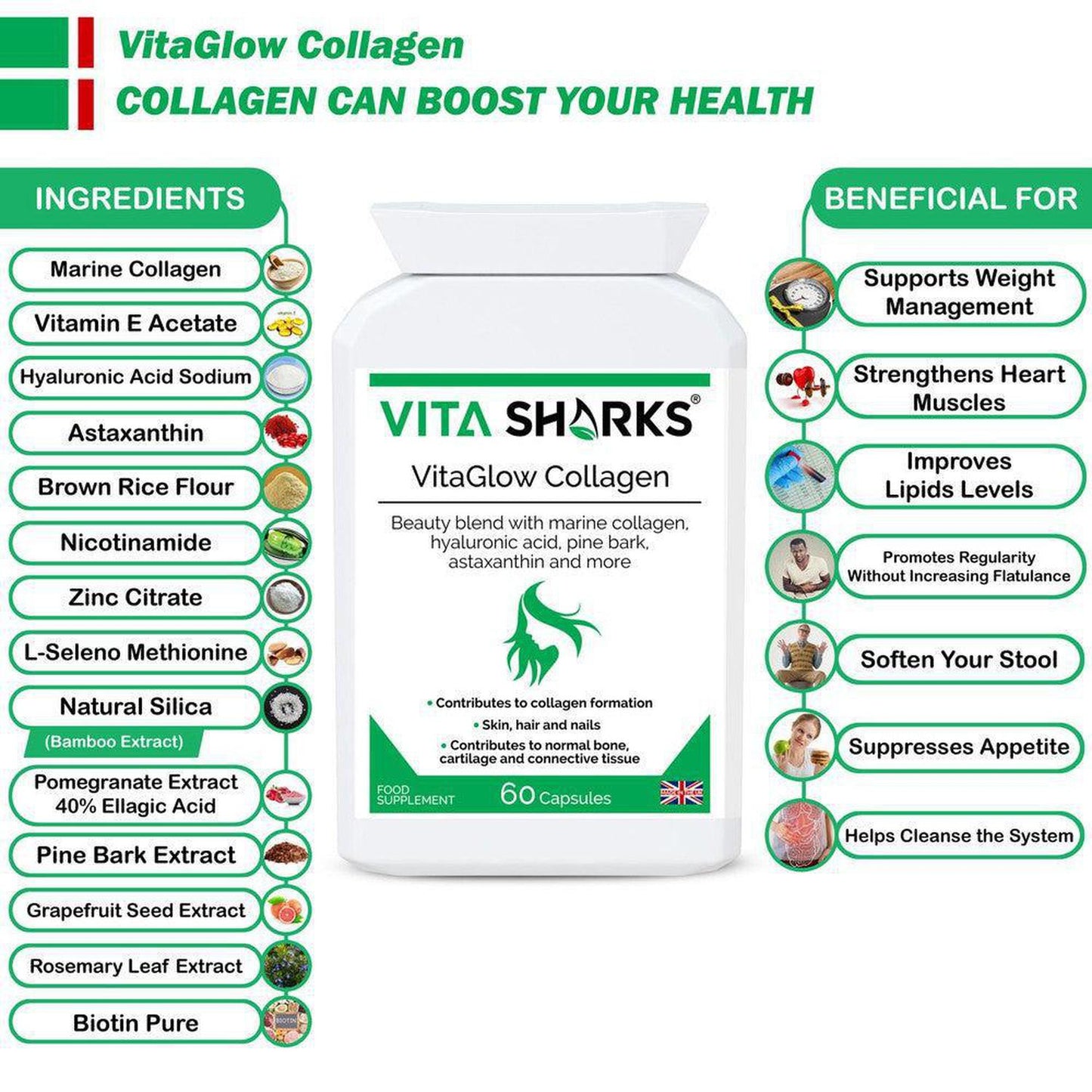 VitaGlow Collagen | High Quality Marine Collagen with Hyaluronic Acid Supplement - This health supplement is more than just collagen. It contains a tailored combination of marine collagen, as well as a clever vitamin, mineral, herbal and nutrient complex that is designed to work from within to help protect the body on a cellular level against ageing and oxidative stress. Buy Now at Sacred Remedy