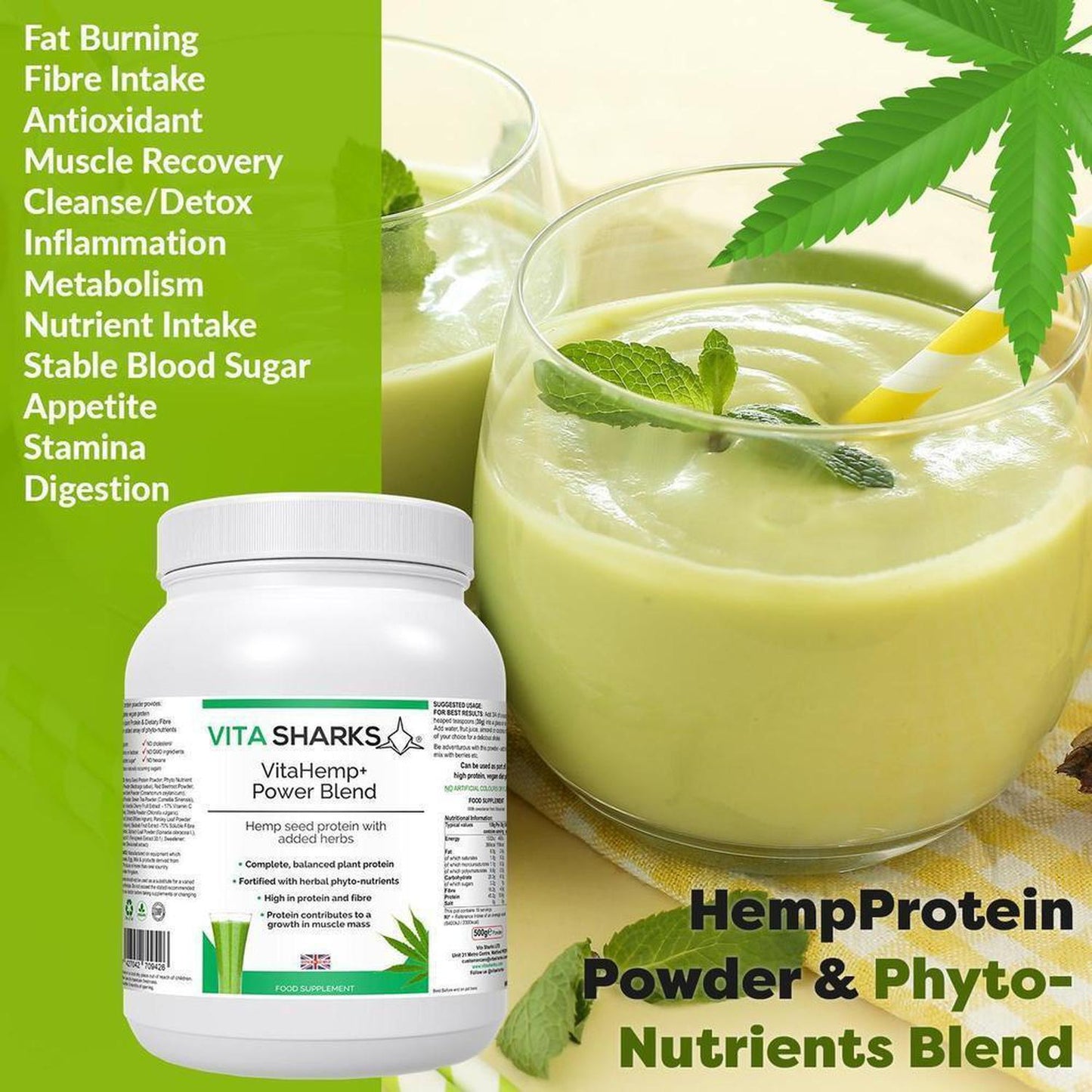 VitaHemp+ Power Blend | Healthy Colon, Hemp Seed Plant Protein Supplement - A balanced & natural protein from hemp seed, as well as a range of phyto-nutrients from nutritious superfoods & herbs. High in dietary fibre, beneficial for a healthy colon. It beats single-ingredient protein powders hands-down! Buy Now at Sacred Remedy