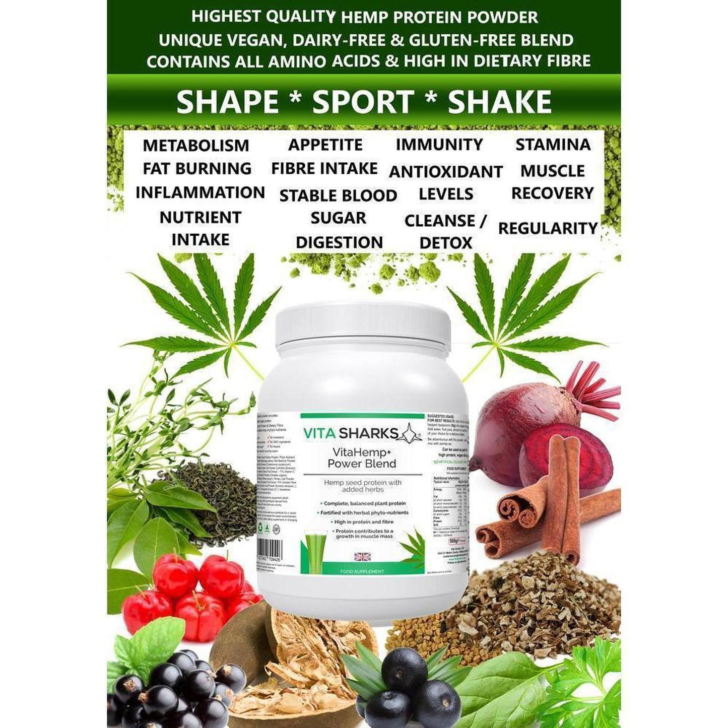 VitaHemp+ Power Blend | Healthy Colon, Hemp Seed Plant Protein Supplement - A balanced & natural protein from hemp seed, as well as a range of phyto-nutrients from nutritious superfoods & herbs. High in dietary fibre, beneficial for a healthy colon. It beats single-ingredient protein powders hands-down! Buy Now at Sacred Remedy