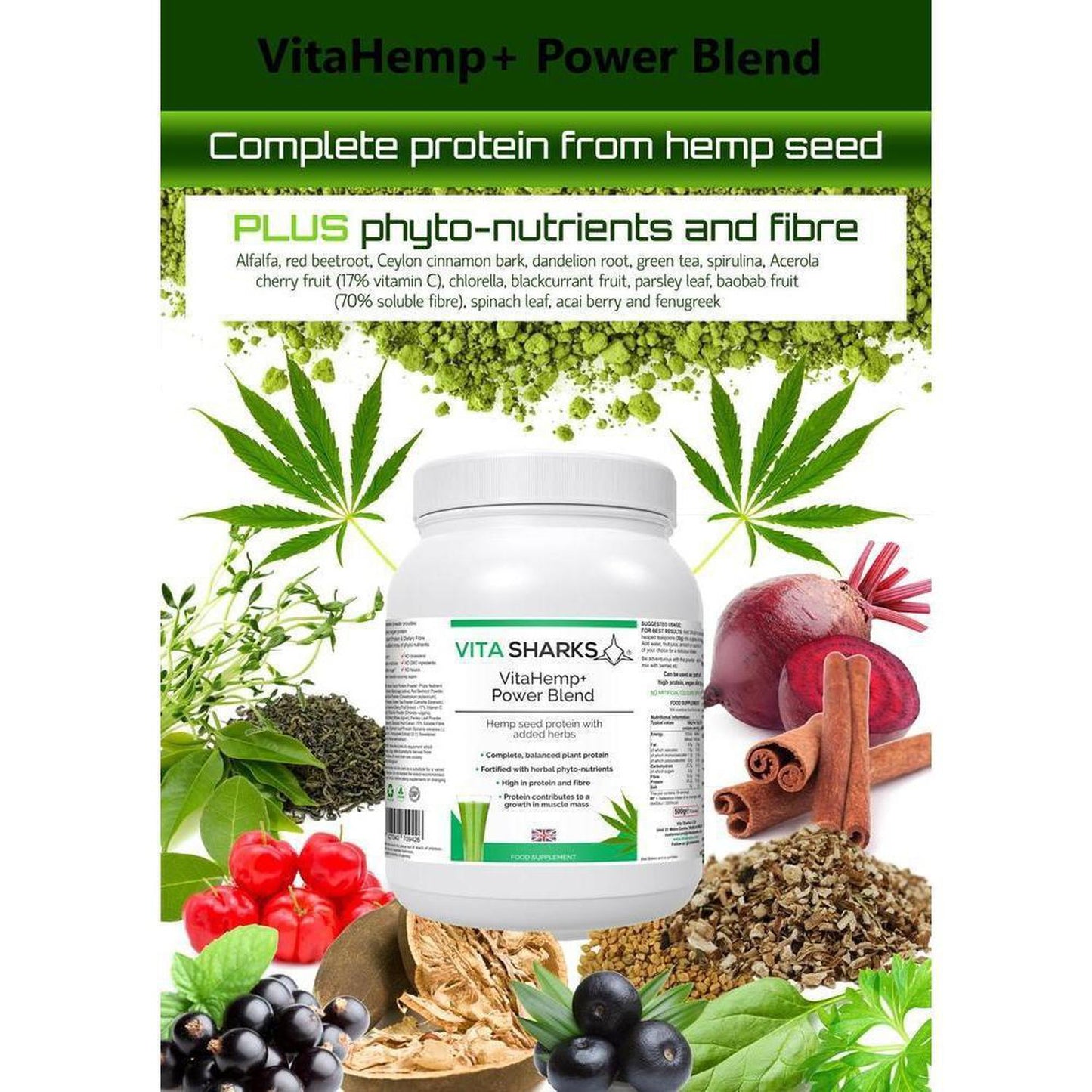 VitaHemp+ Power Blend | Healthy Colon, Hemp Seed Plant Protein Supplement - A balanced & natural protein from hemp seed, as well as a range of phyto-nutrients from nutritious superfoods & herbs. High in dietary fibre, beneficial for a healthy colon. It beats single-ingredient protein powders hands-down! Buy Now at Sacred Remedy