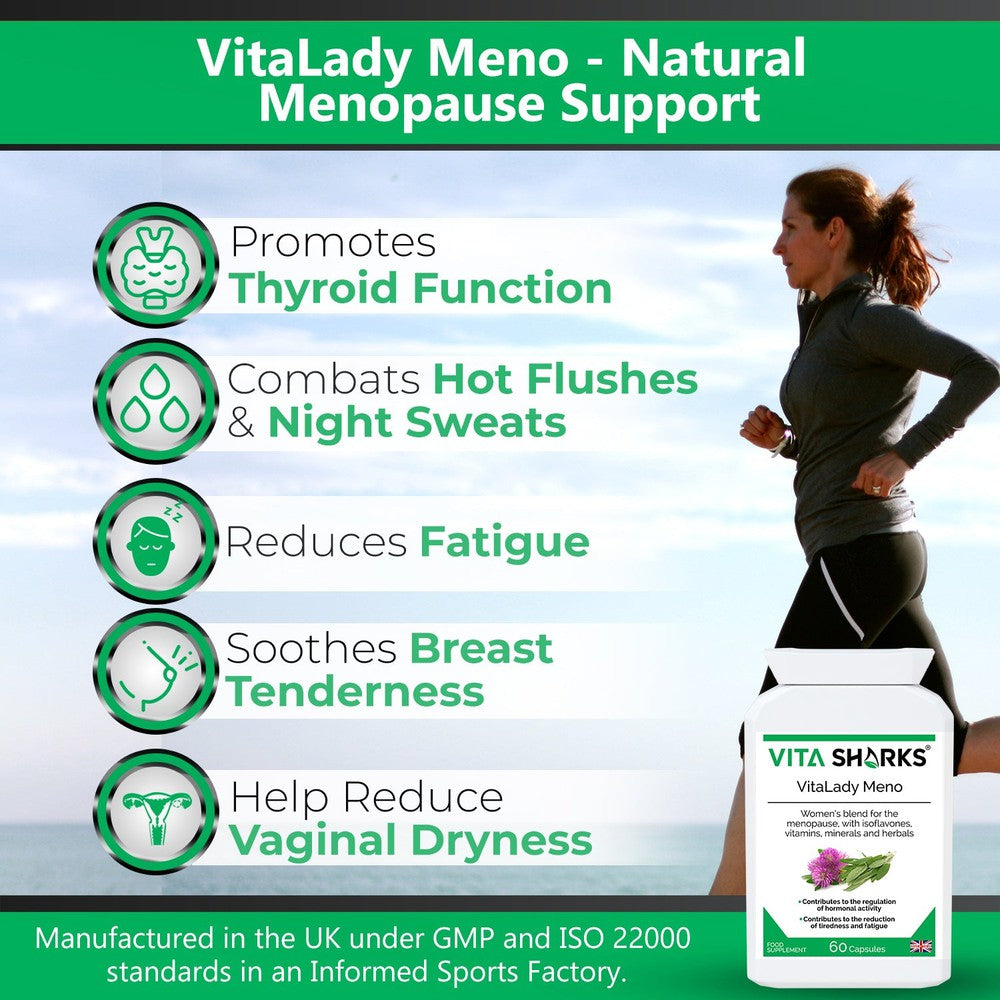 Buy VitaLady Meno | Support for PMS, Perimenopause, Menopause & Uncomfortable Cycles - Monthly cycles & the menopause is no fun. Try our natural menopause support to help you feel wonderful. A traditional combination formula, designed to help gently relieve discomfort. May help improve the frequency / intensity of hot flashes and disrupted sleep at night. All natural & plant-based ingredients. at Sacred Remedy Online