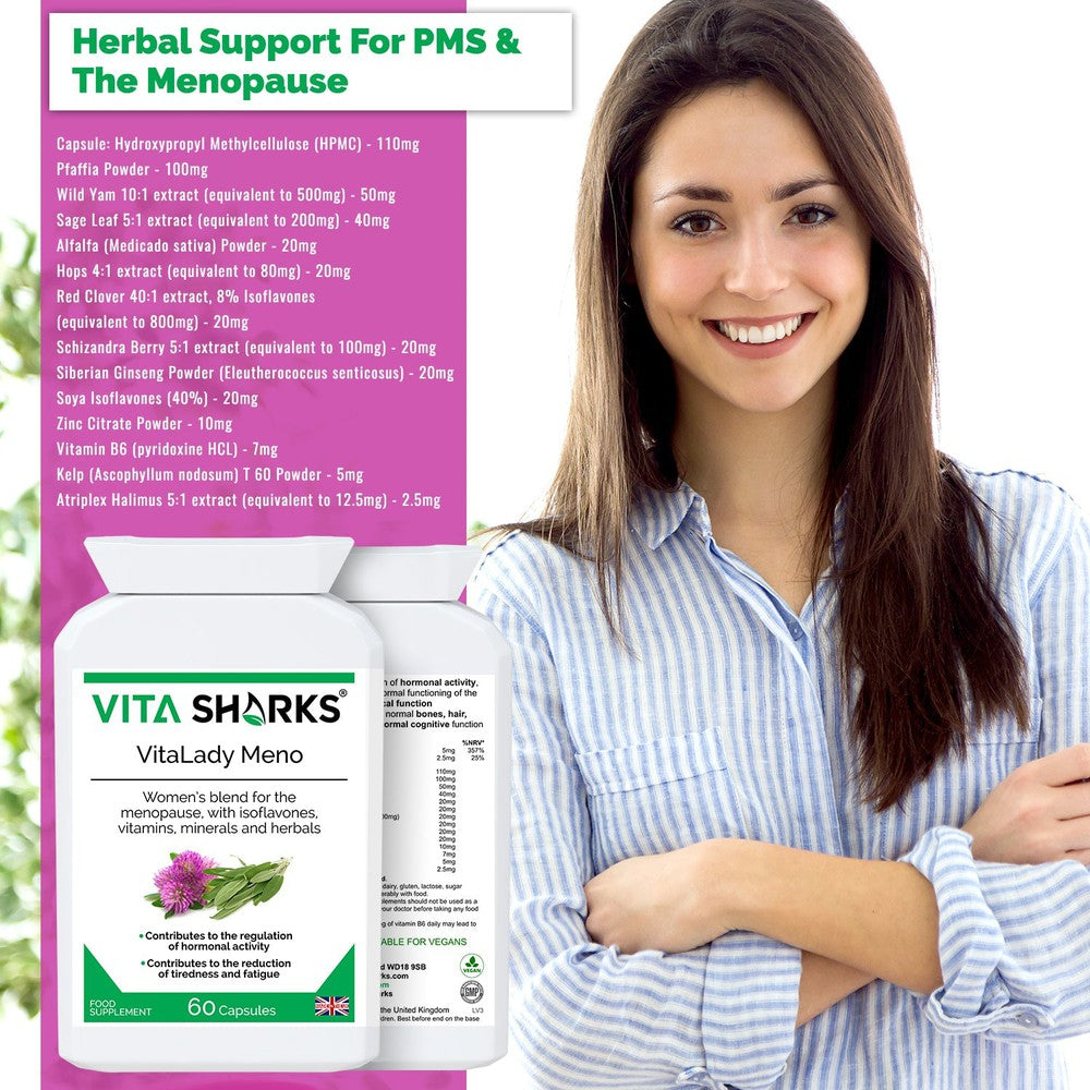 Buy VitaLady Meno | Support for PMS, Perimenopause, Menopause & Uncomfortable Cycles - Monthly cycles & the menopause is no fun. Try our natural menopause support to help you feel wonderful. A traditional combination formula, designed to help gently relieve discomfort. May help improve the frequency / intensity of hot flashes and disrupted sleep at night. All natural & plant-based ingredients. at Sacred Remedy Online