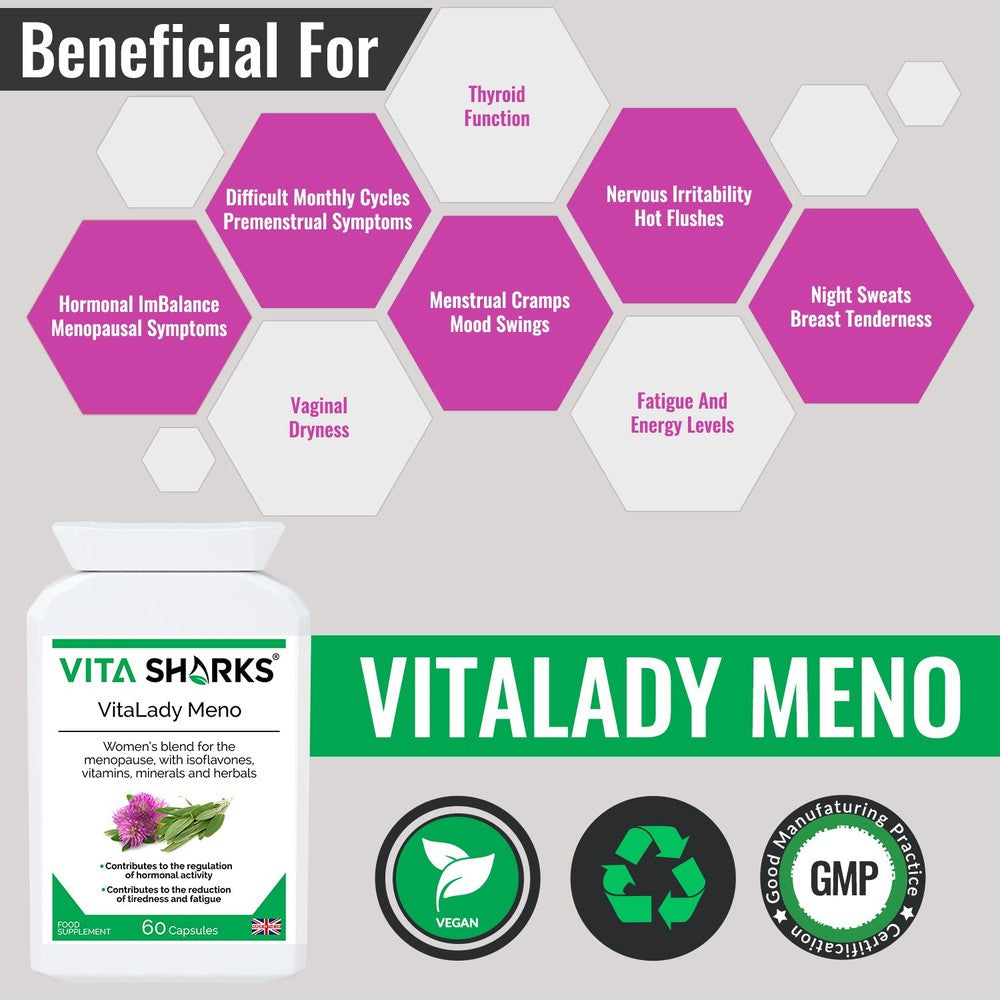 Buy VitaLady Meno | Support for PMS, Perimenopause, Menopause & Uncomfortable Cycles - Monthly cycles & the menopause is no fun. Try our natural menopause support to help you feel wonderful. A traditional combination formula, designed to help gently relieve discomfort. May help improve the frequency / intensity of hot flashes and disrupted sleep at night. All natural & plant-based ingredients. at Sacred Remedy Online