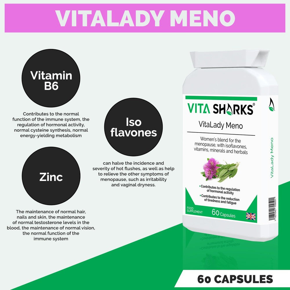 Buy VitaLady Meno | Support for PMS, Perimenopause, Menopause & Uncomfortable Cycles - Monthly cycles & the menopause is no fun. Try our natural menopause support to help you feel wonderful. A traditional combination formula, designed to help gently relieve discomfort. May help improve the frequency / intensity of hot flashes and disrupted sleep at night. All natural & plant-based ingredients. at Sacred Remedy Online