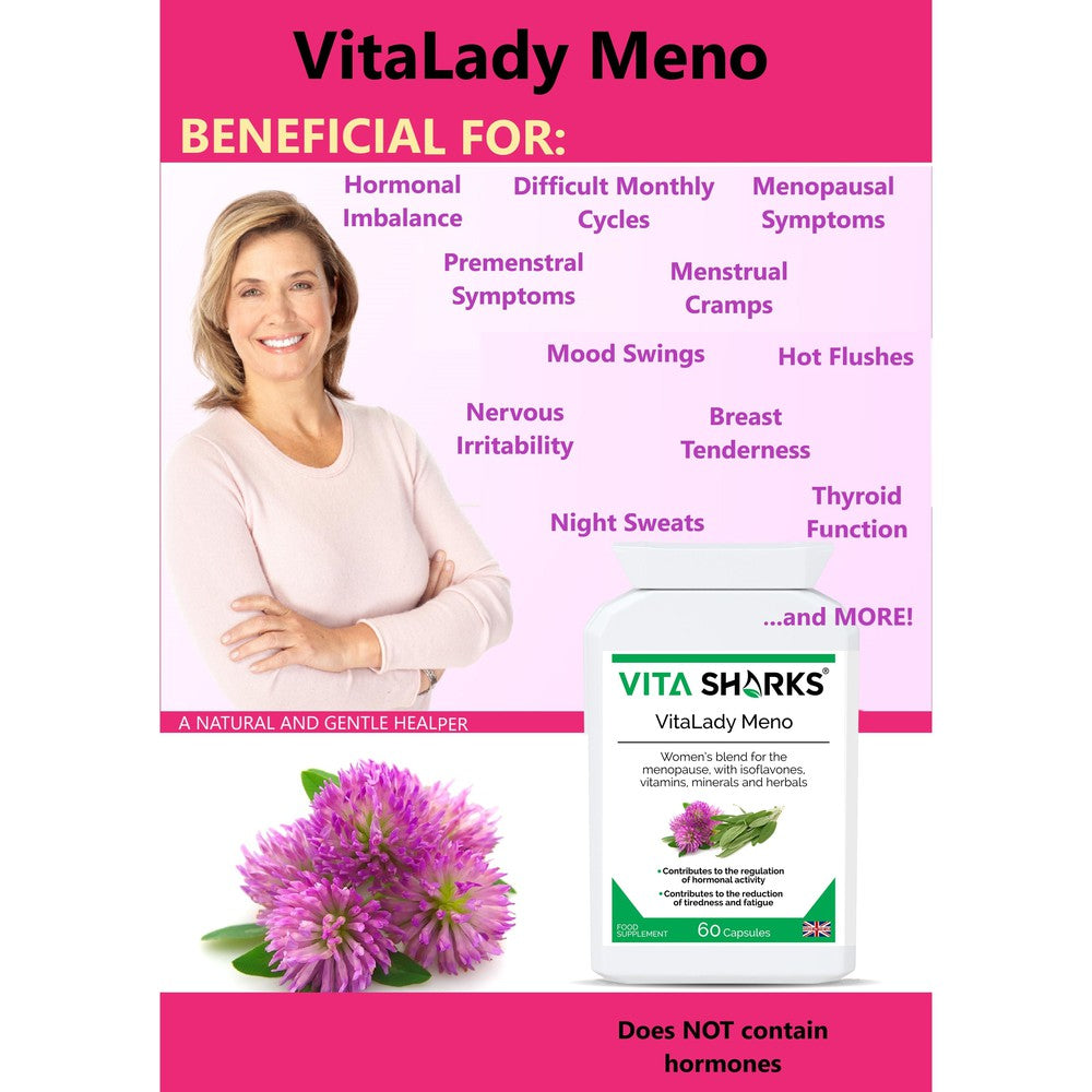 Buy VitaLady Meno | Support for PMS, Perimenopause, Menopause & Uncomfortable Cycles - Monthly cycles & the menopause is no fun. Try our natural menopause support to help you feel wonderful. A traditional combination formula, designed to help gently relieve discomfort. May help improve the frequency / intensity of hot flashes and disrupted sleep at night. All natural & plant-based ingredients. at Sacred Remedy Online