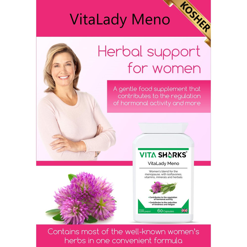 Buy VitaLady Meno | Support for PMS, Perimenopause, Menopause & Uncomfortable Cycles - Monthly cycles & the menopause is no fun. Try our natural menopause support to help you feel wonderful. A traditional combination formula, designed to help gently relieve discomfort. May help improve the frequency / intensity of hot flashes and disrupted sleep at night. All natural & plant-based ingredients. at Sacred Remedy Online