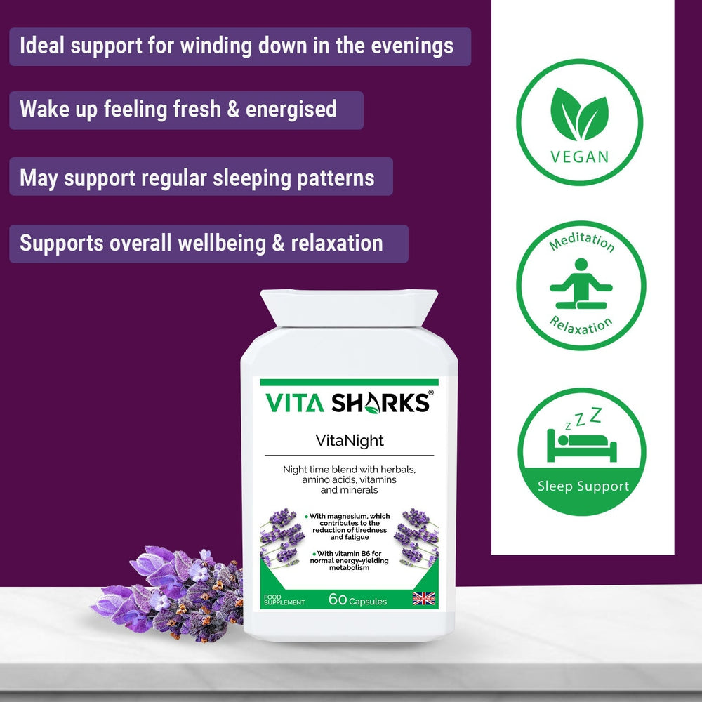 Buy VitaNight | An Evening Calming, Balanced, Sleep & Wind Down Blend Before Bed - Calming Night time Blend to Wind Down Before Going to bed to Sleep VitaNight is a specialist combination night time blend, with specially selected herbal, amino acid, vitamin and mineral ingredients. Ideal support for winding down in the evenings and waking up feeling refreshed and energised in the mornings. at Sacred Remedy Online