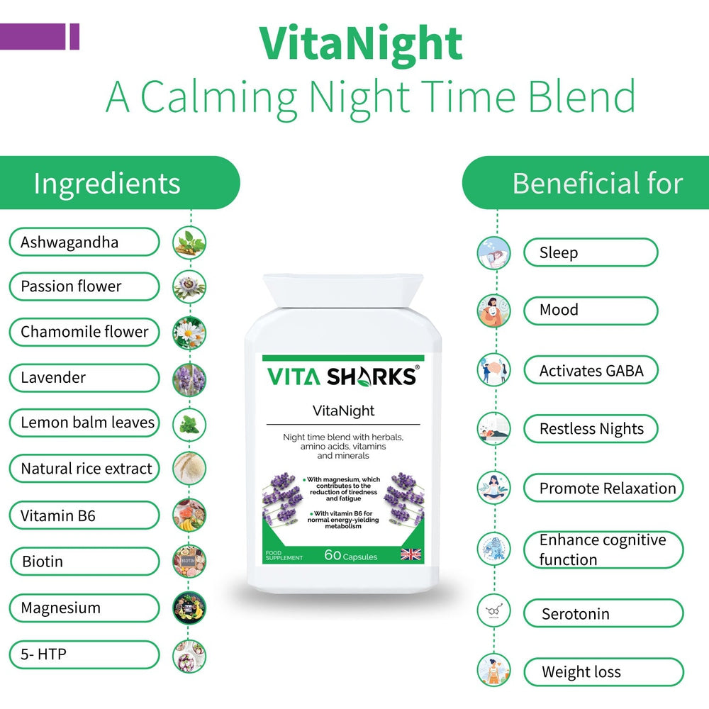 Buy VitaNight | An Evening Calming, Balanced, Sleep & Wind Down Blend Before Bed - Calming Night time Blend to Wind Down Before Going to bed to Sleep VitaNight is a specialist combination night time blend, with specially selected herbal, amino acid, vitamin and mineral ingredients. Ideal support for winding down in the evenings and waking up feeling refreshed and energised in the mornings. at Sacred Remedy Online