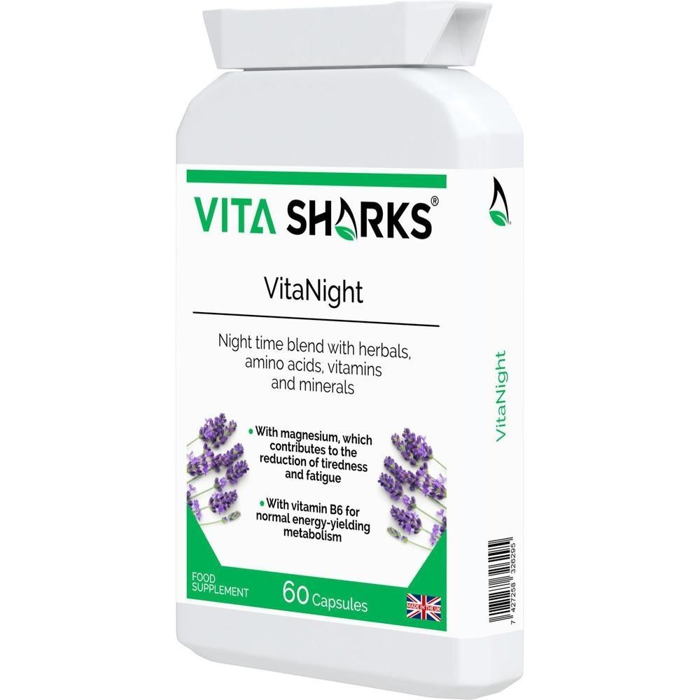 Buy VitaNight | An Evening Calming, Balanced, Sleep & Wind Down Blend Before Bed - Calming Night time Blend to Wind Down Before Going to bed to Sleep VitaNight is a specialist combination night time blend, with specially selected herbal, amino acid, vitamin and mineral ingredients. Ideal support for winding down in the evenings and waking up feeling refreshed and energised in the mornings. at Sacred Remedy Online