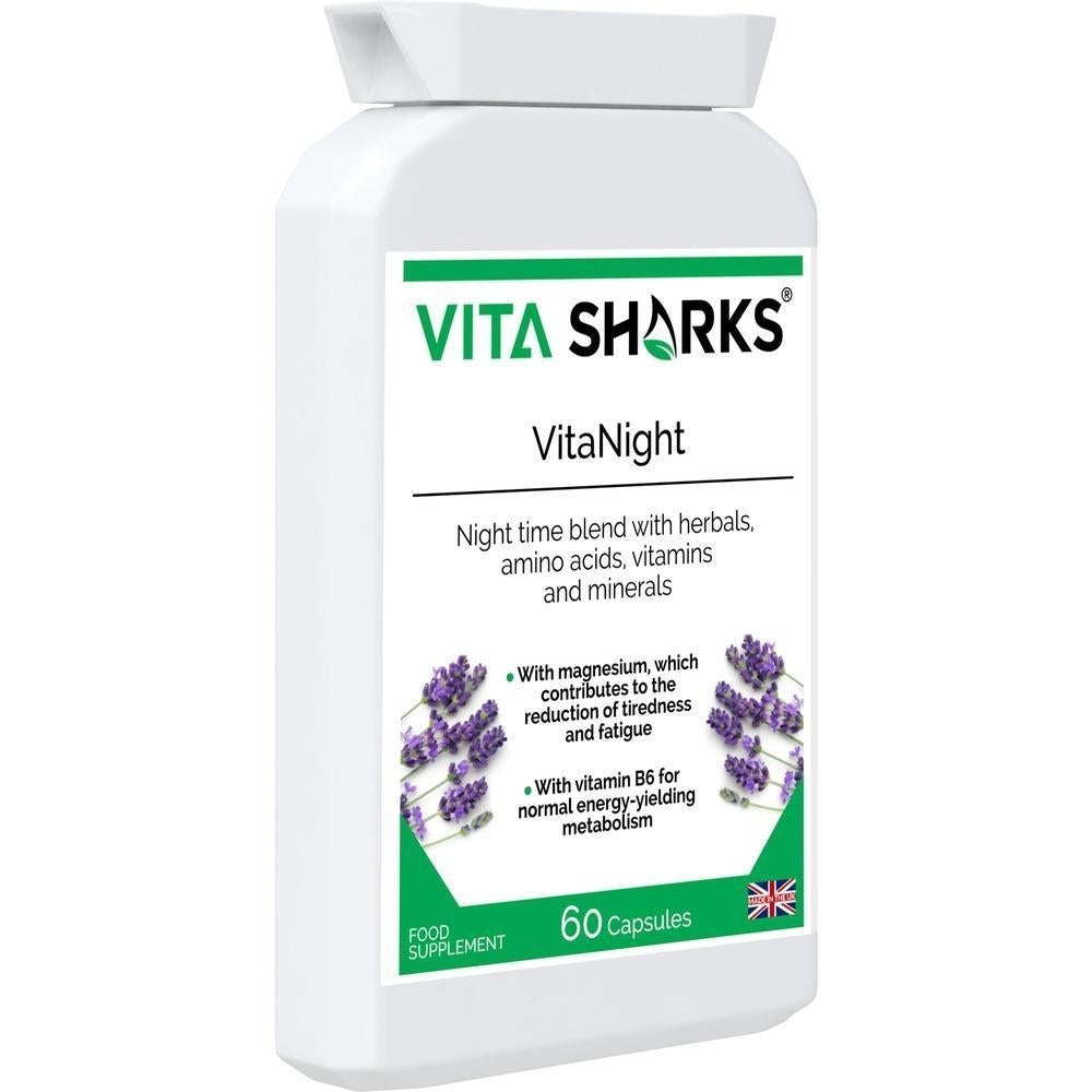 Buy VitaNight | An Evening Calming, Balanced, Sleep & Wind Down Blend Before Bed - Calming Night time Blend to Wind Down Before Going to bed to Sleep VitaNight is a specialist combination night time blend, with specially selected herbal, amino acid, vitamin and mineral ingredients. Ideal support for winding down in the evenings and waking up feeling refreshed and energised in the mornings. at Sacred Remedy Online