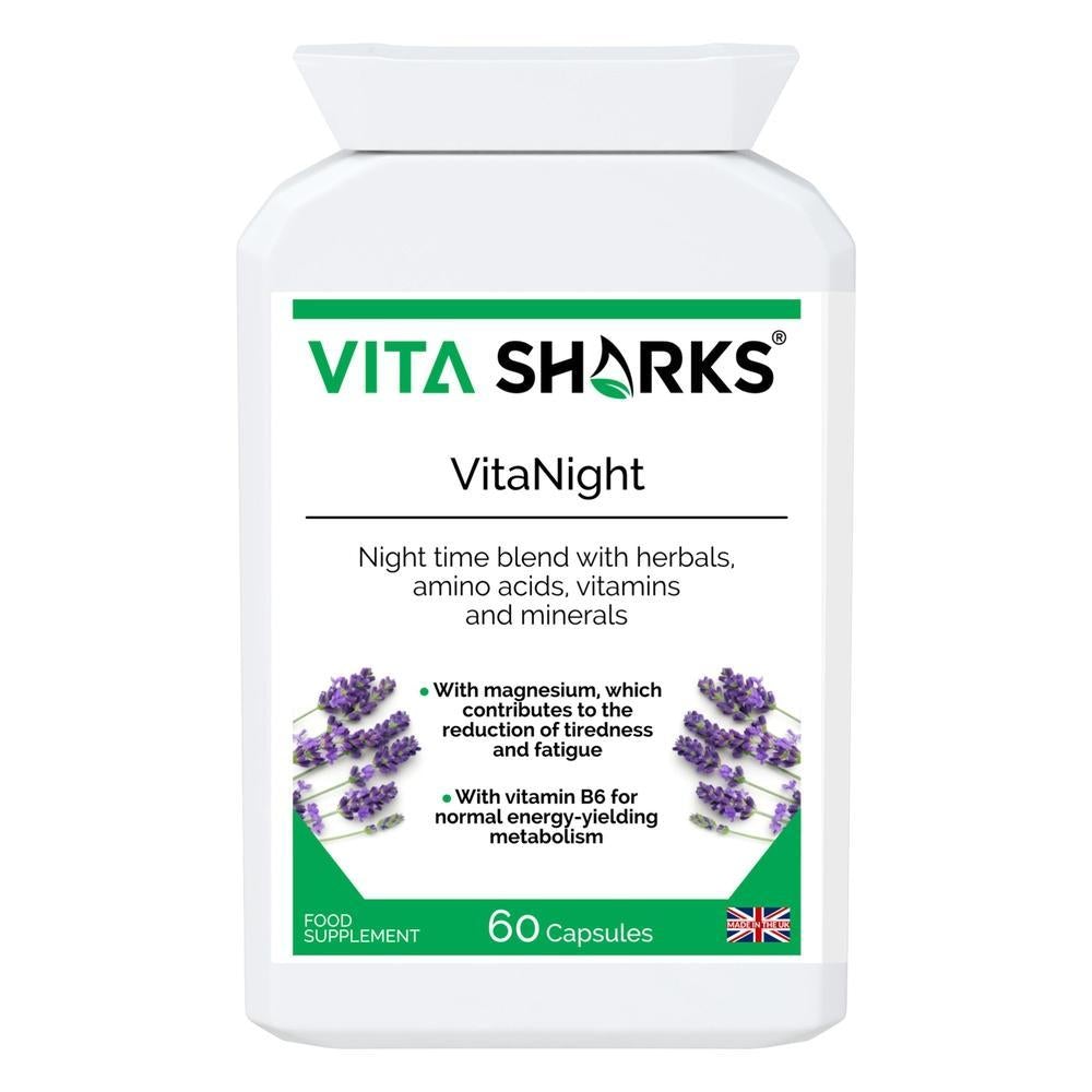 Buy VitaNight | An Evening Calming, Balanced, Sleep & Wind Down Blend Before Bed - Calming Night time Blend to Wind Down Before Going to bed to Sleep VitaNight is a specialist combination night time blend, with specially selected herbal, amino acid, vitamin and mineral ingredients. Ideal support for winding down in the evenings and waking up feeling refreshed and energised in the mornings. at Sacred Remedy Online