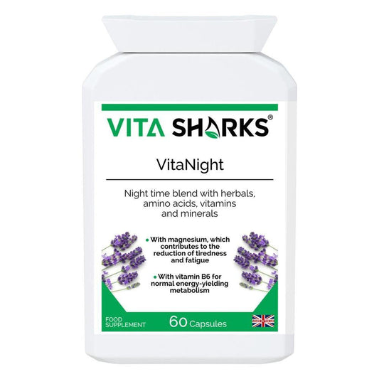 VitaNight | An Evening Calming, Balanced, Sleep & Wind Down Blend Before Bed - Calming Night time Blend to Wind Down Before Going to bed to Sleep VitaNight is a specialist combination night time blend, with specially selected herbal, amino acid, vitamin and mineral ingredients. Ideal support for winding down in the evenings and waking up feeling refreshed and energised in the mornings. Buy Now at Sacred Remedy