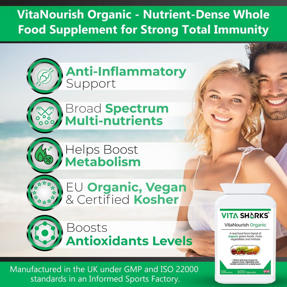 Buy VitaNourish Organic | Whole Food Super Blend Supplement with Bio-Active Enzymes - A comprehensive whole food health supplement, with some of the most nutrient-dense ingredients that nature has to offer: Pre-sprouted activated barley, alfalfa, barley grass, beetroot, bilberry fruit, carrot, dandelion root, green tea leaf, kelp, lemon peel, spinach leaf, spirulina, turmeric and wheatgrass. at Sacred Remedy Online