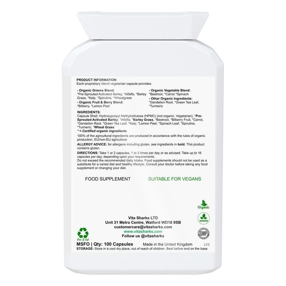 Buy VitaNourish Organic | Whole Food Super Blend Supplement with Bio-Active Enzymes - A comprehensive whole food health supplement, with some of the most nutrient-dense ingredients that nature has to offer: Pre-sprouted activated barley, alfalfa, barley grass, beetroot, bilberry fruit, carrot, dandelion root, green tea leaf, kelp, lemon peel, spinach leaf, spirulina, turmeric and wheatgrass. at Sacred Remedy Online