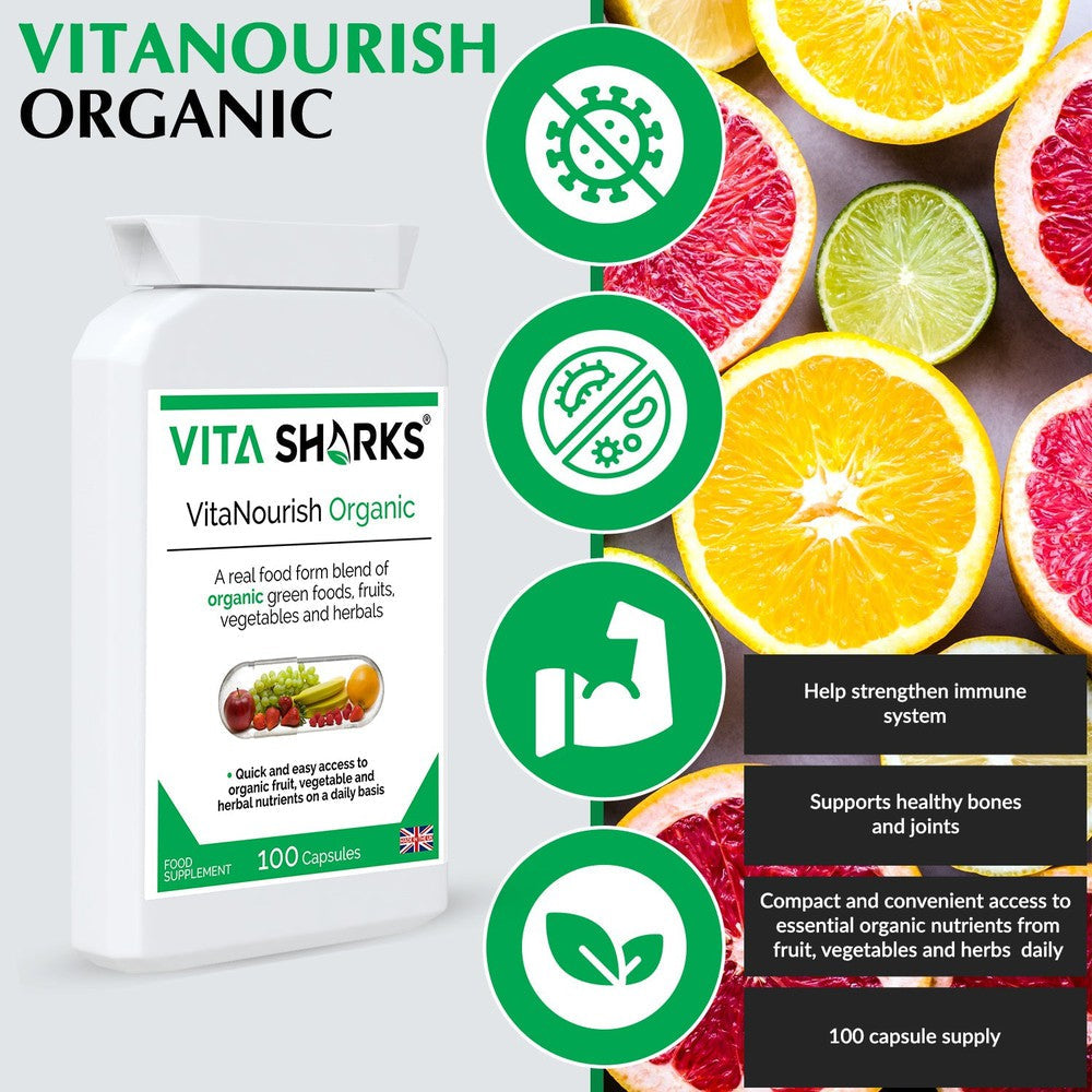 Buy VitaNourish Organic | Whole Food Super Blend Supplement with Bio-Active Enzymes - A comprehensive whole food health supplement, with some of the most nutrient-dense ingredients that nature has to offer: Pre-sprouted activated barley, alfalfa, barley grass, beetroot, bilberry fruit, carrot, dandelion root, green tea leaf, kelp, lemon peel, spinach leaf, spirulina, turmeric and wheatgrass. at Sacred Remedy Online