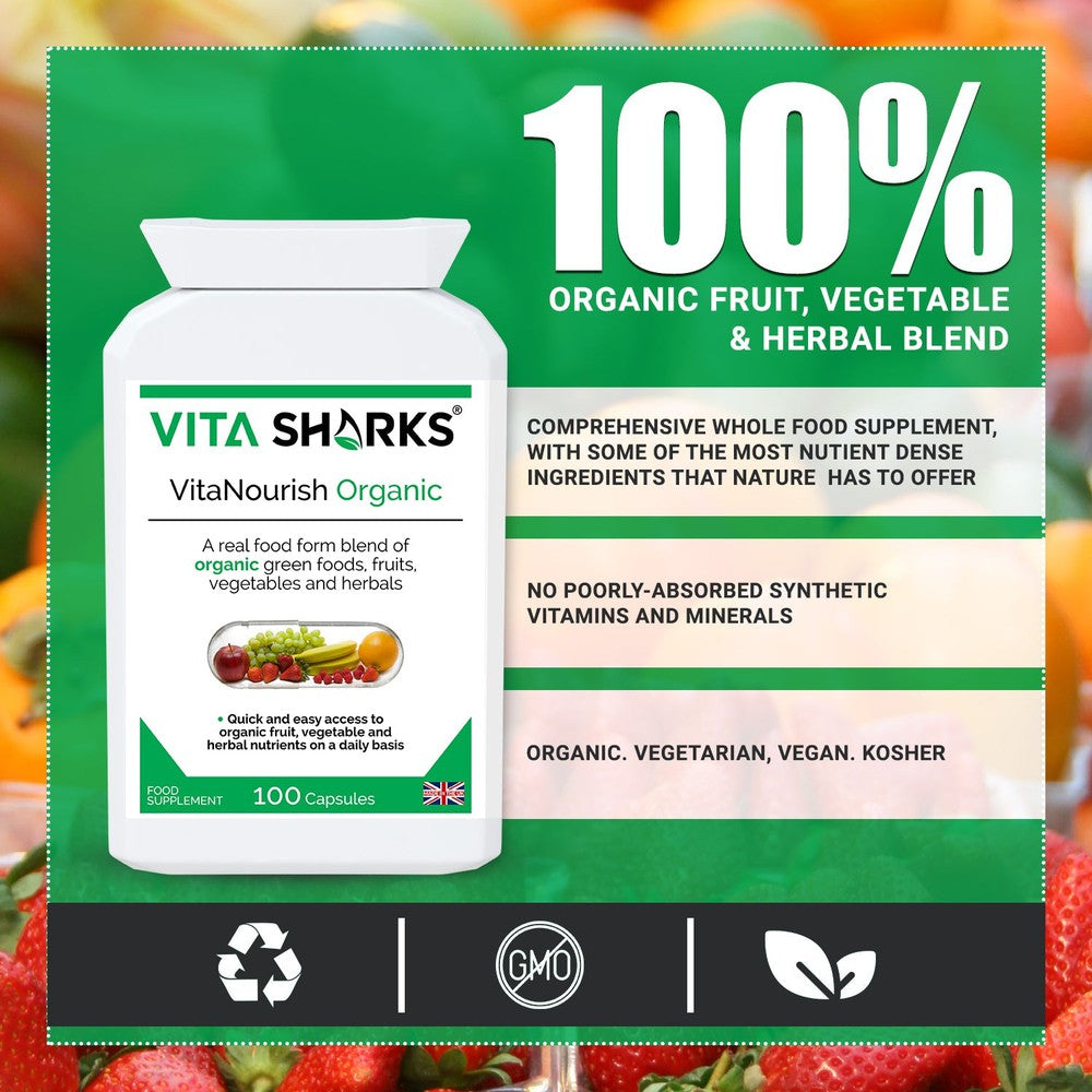 Buy VitaNourish Organic | Whole Food Super Blend Supplement with Bio-Active Enzymes - A comprehensive whole food health supplement, with some of the most nutrient-dense ingredients that nature has to offer: Pre-sprouted activated barley, alfalfa, barley grass, beetroot, bilberry fruit, carrot, dandelion root, green tea leaf, kelp, lemon peel, spinach leaf, spirulina, turmeric and wheatgrass. at Sacred Remedy Online