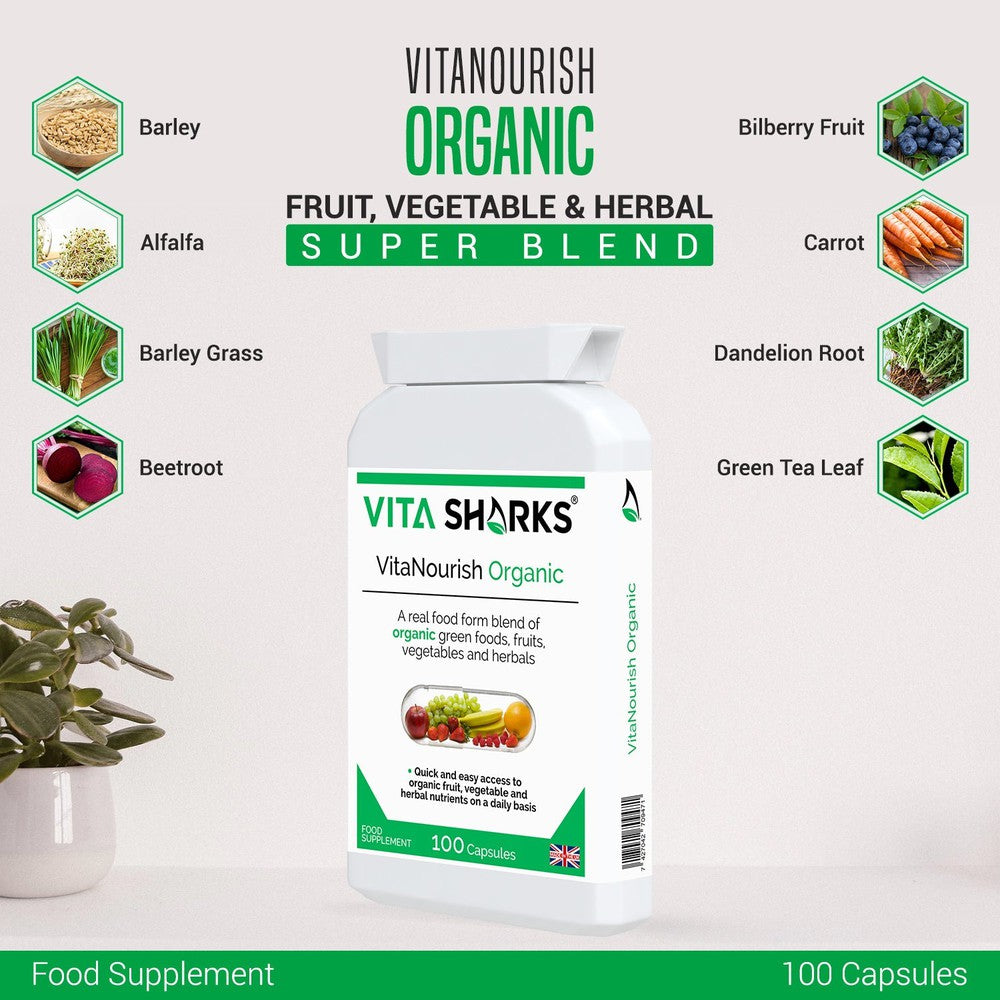 Buy VitaNourish Organic | Whole Food Super Blend Supplement with Bio-Active Enzymes - A comprehensive whole food health supplement, with some of the most nutrient-dense ingredients that nature has to offer: Pre-sprouted activated barley, alfalfa, barley grass, beetroot, bilberry fruit, carrot, dandelion root, green tea leaf, kelp, lemon peel, spinach leaf, spirulina, turmeric and wheatgrass. at Sacred Remedy Online