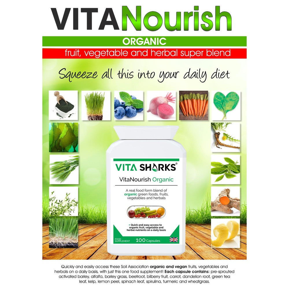 Buy VitaNourish Organic | Whole Food Super Blend Supplement with Bio-Active Enzymes - A comprehensive whole food health supplement, with some of the most nutrient-dense ingredients that nature has to offer: Pre-sprouted activated barley, alfalfa, barley grass, beetroot, bilberry fruit, carrot, dandelion root, green tea leaf, kelp, lemon peel, spinach leaf, spirulina, turmeric and wheatgrass. at Sacred Remedy Online