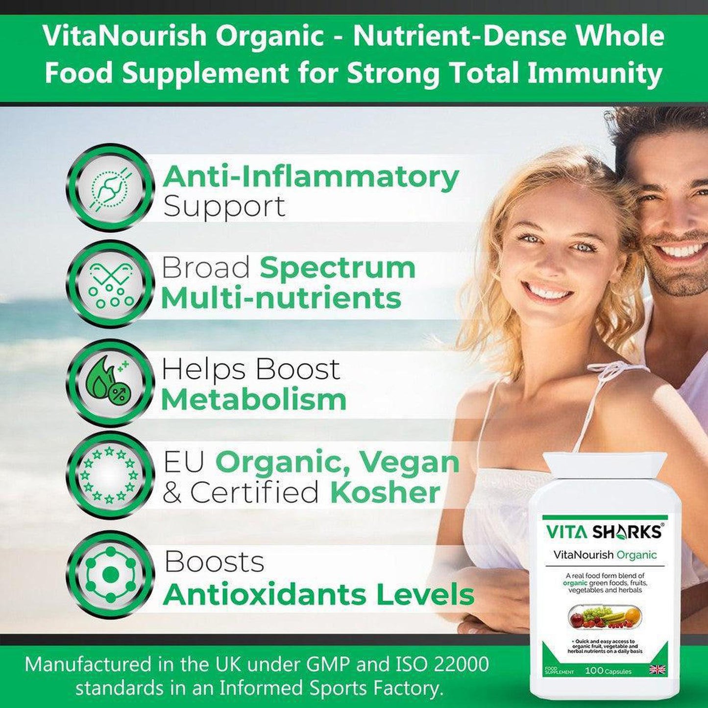 VitaNourish Organic | Whole Food Super Blend Supplement with Bio-Active Enzymes - A comprehensive whole food health supplement, with some of the most nutrient-dense ingredients that nature has to offer: Pre-sprouted activated barley, alfalfa, barley grass, beetroot, bilberry fruit, carrot, dandelion root, green tea leaf, kelp, lemon peel, spinach leaf, spirulina, turmeric and wheatgrass. Buy Now at Sacred Remedy