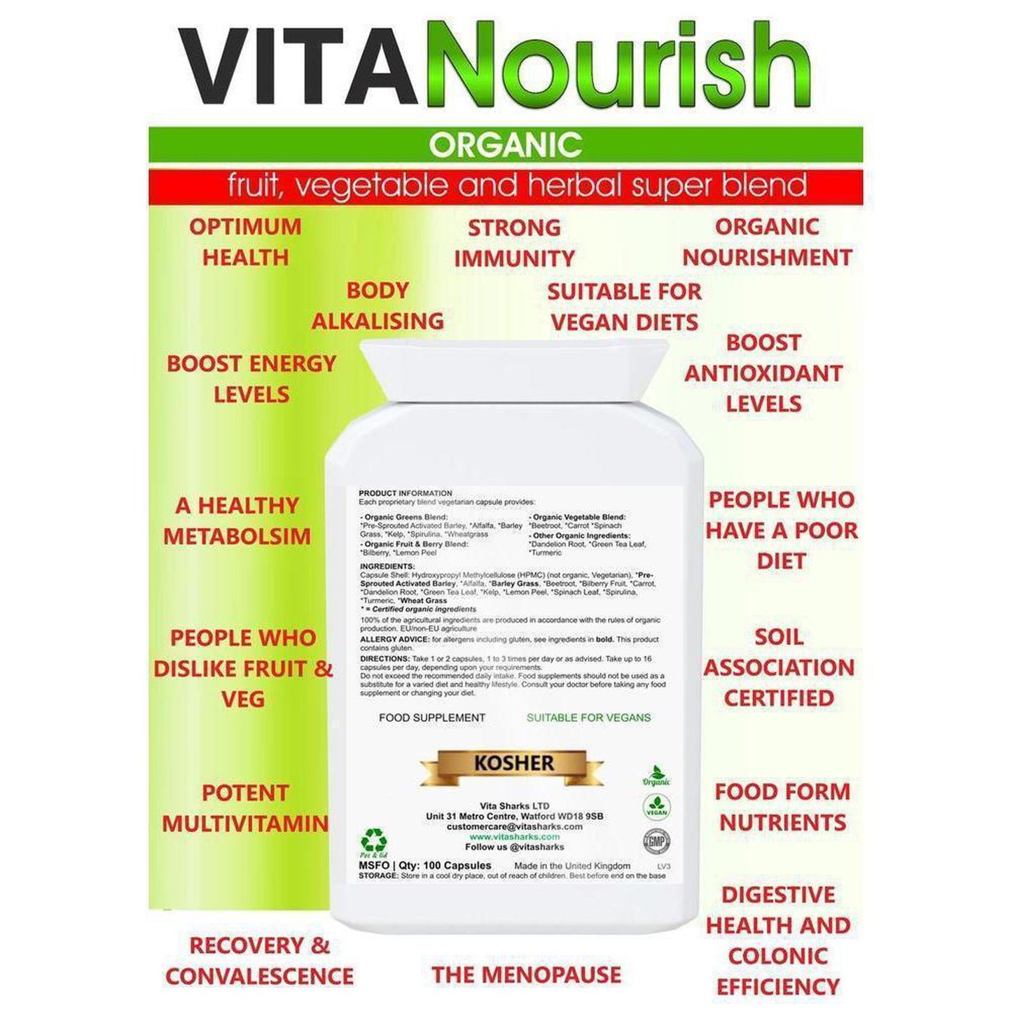 VitaNourish Organic | Whole Food Super Blend Supplement with Bio-Active Enzymes - A comprehensive whole food health supplement, with some of the most nutrient-dense ingredients that nature has to offer: Pre-sprouted activated barley, alfalfa, barley grass, beetroot, bilberry fruit, carrot, dandelion root, green tea leaf, kelp, lemon peel, spinach leaf, spirulina, turmeric and wheatgrass. Buy Now at Sacred Remedy