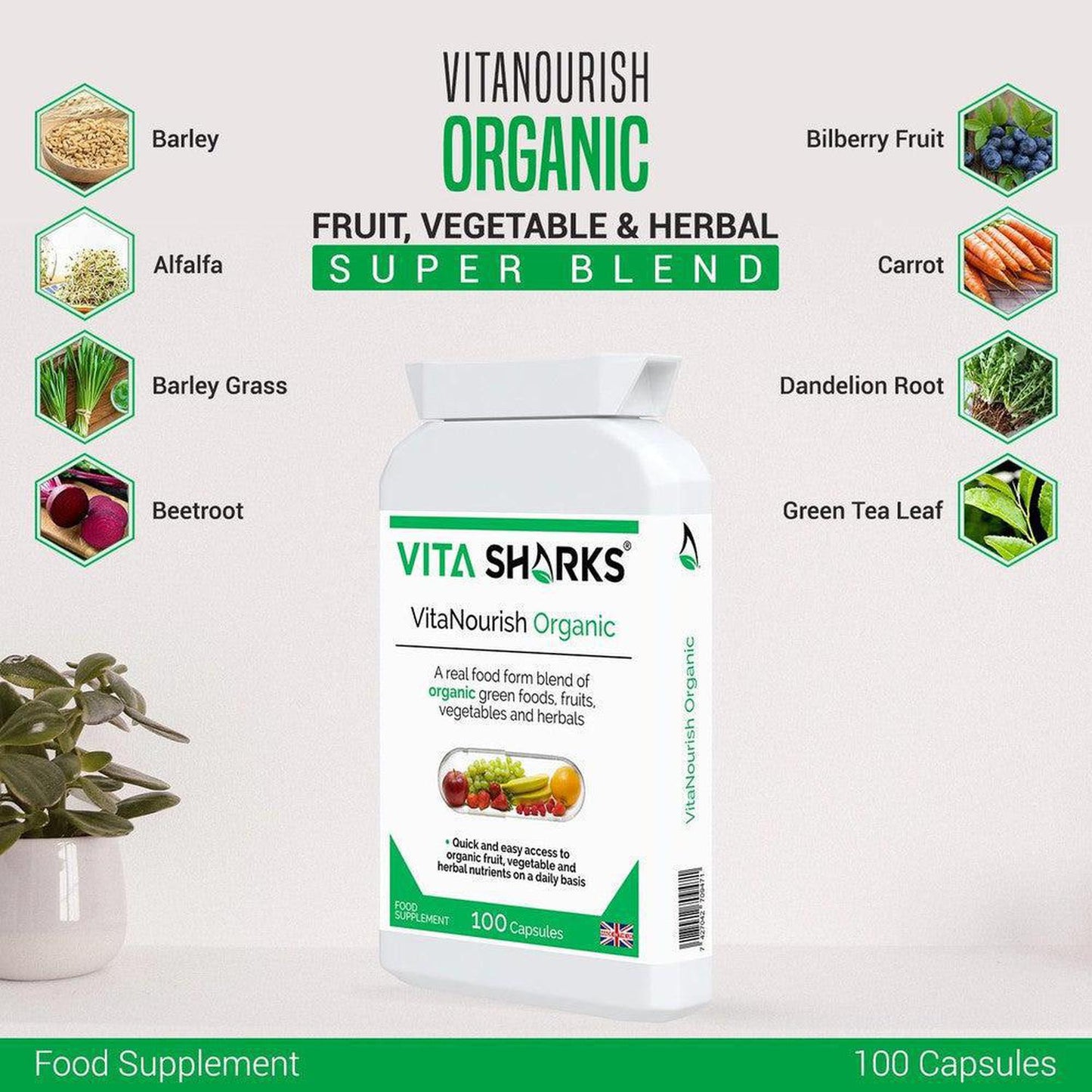 VitaNourish Organic | Whole Food Super Blend Supplement with Bio-Active Enzymes - A comprehensive whole food health supplement, with some of the most nutrient-dense ingredients that nature has to offer: Pre-sprouted activated barley, alfalfa, barley grass, beetroot, bilberry fruit, carrot, dandelion root, green tea leaf, kelp, lemon peel, spinach leaf, spirulina, turmeric and wheatgrass. Buy Now at Sacred Remedy