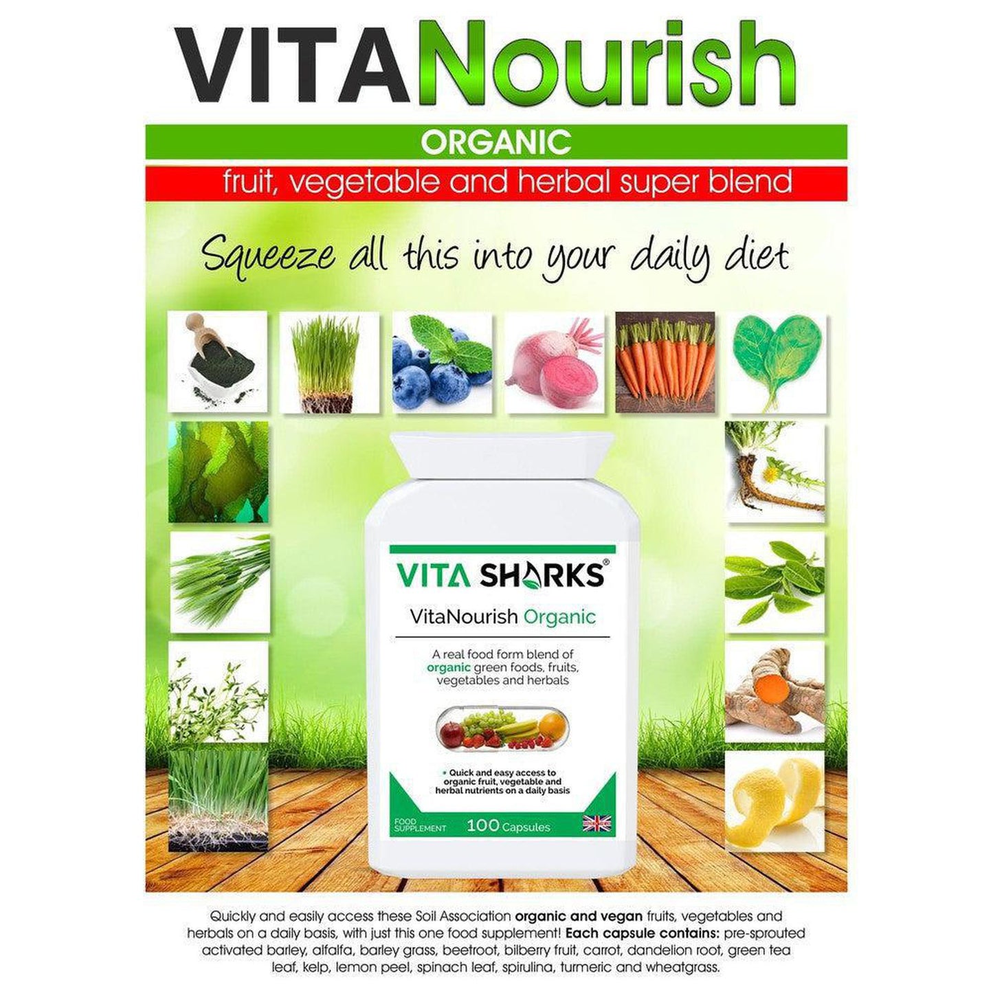 VitaNourish Organic | Whole Food Super Blend Supplement with Bio-Active Enzymes - A comprehensive whole food health supplement, with some of the most nutrient-dense ingredients that nature has to offer: Pre-sprouted activated barley, alfalfa, barley grass, beetroot, bilberry fruit, carrot, dandelion root, green tea leaf, kelp, lemon peel, spinach leaf, spirulina, turmeric and wheatgrass. Buy Now at Sacred Remedy