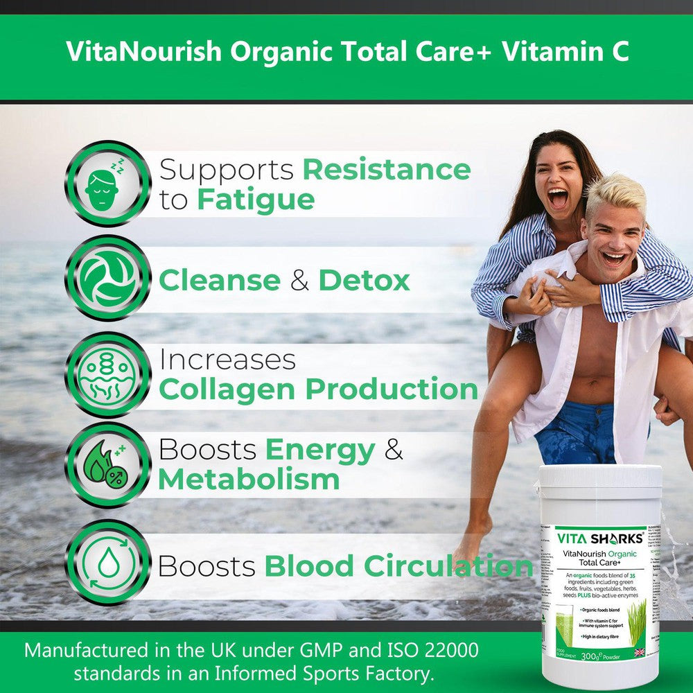 Buy VitaNourish Organic Total Care+ | High Fibre, Green Shake with Bio-Active Enzymes - 35 green foods, vegetables, fruits, berries, herbs, sprouts, mushrooms & seeds plus bio-active enzymes. Organic vegan nutrition made easy, with food form vitamin C plus plant protein. Great all-round health supplement to support immunity, digestion (bulk), energy levels, cleansing, detoxification alkalising of the body at Sacred Remedy Online