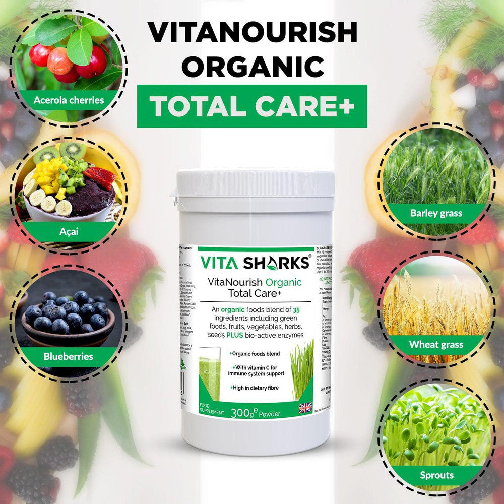 Buy VitaNourish Organic Total Care+ | High Fibre, Green Shake with Bio-Active Enzymes - 35 green foods, vegetables, fruits, berries, herbs, sprouts, mushrooms & seeds plus bio-active enzymes. Organic vegan nutrition made easy, with food form vitamin C plus plant protein. Great all-round health supplement to support immunity, digestion (bulk), energy levels, cleansing, detoxification alkalising of the body at Sacred Remedy Online