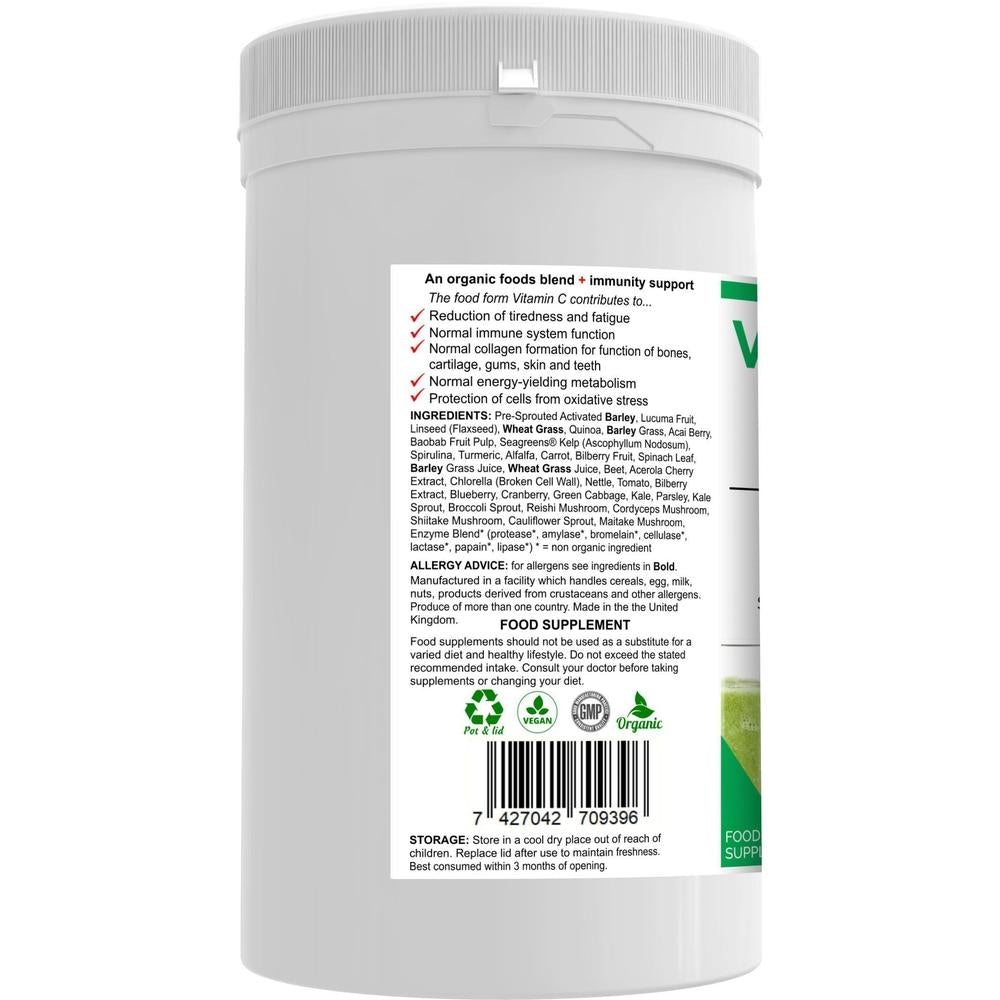 Buy VitaNourish Organic Total Care+ | High Fibre, Green Shake with Bio-Active Enzymes - 35 green foods, vegetables, fruits, berries, herbs, sprouts, mushrooms & seeds plus bio-active enzymes. Organic vegan nutrition made easy, with food form vitamin C plus plant protein. Great all-round health supplement to support immunity, digestion (bulk), energy levels, cleansing, detoxification alkalising of the body at Sacred Remedy Online