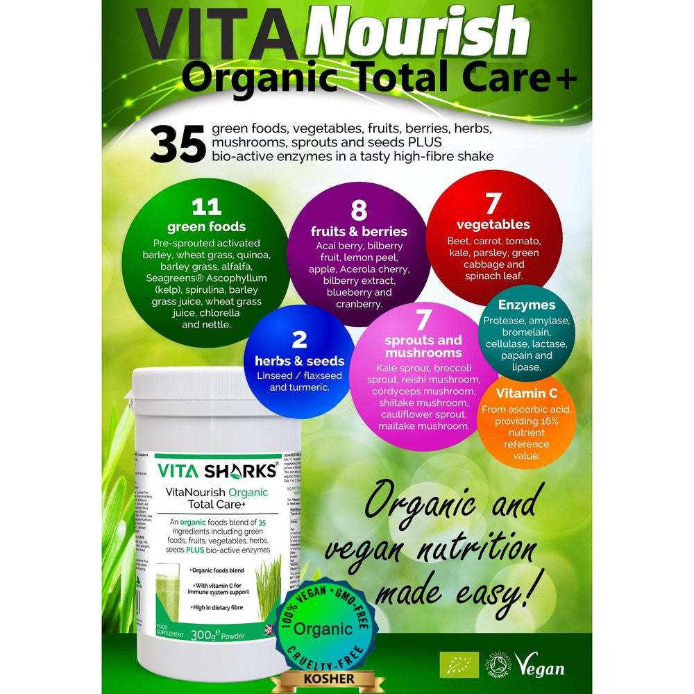 Buy VitaNourish Organic Total Care+ | High Fibre, Green Shake with Bio-Active Enzymes - 35 green foods, vegetables, fruits, berries, herbs, sprouts, mushrooms & seeds plus bio-active enzymes. Organic vegan nutrition made easy, with food form vitamin C plus plant protein. Great all-round health supplement to support immunity, digestion (bulk), energy levels, cleansing, detoxification alkalising of the body at Sacred Remedy Online