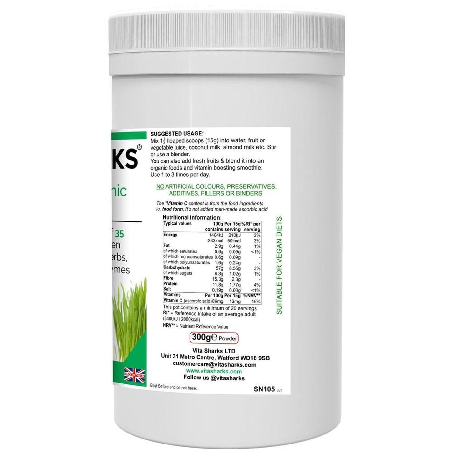 VitaNourish Organic Total Care+ | High Fibre, Green Shake with Bio-Active Enzymes - 35 green foods, vegetables, fruits, berries, herbs, sprouts, mushrooms & seeds plus bio-active enzymes. Organic vegan nutrition made easy, with food form vitamin C plus plant protein. Great all-round health supplement to support immunity, digestion (bulk), energy levels, cleansing, detoxification alkalising of the body Buy Now at Sacred Remedy