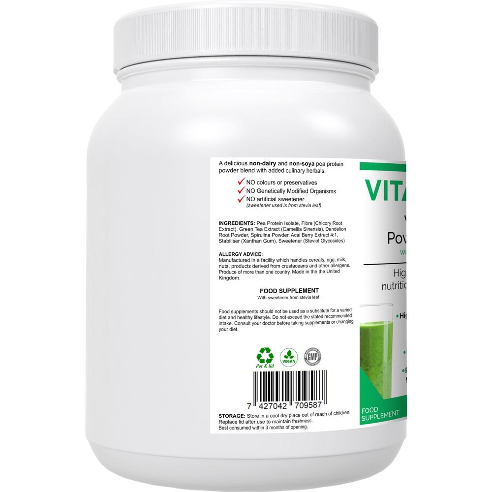 Buy VitaNourish Power Pea Shake | Protein Shake with Nutrient Dense Superfoods & Phyto-Nutrients - A high quality pea protein powder (from snap peas), blended with a range of other nutrient-dense superfoods and herbs for added antioxidants, fibre and phyto-nutrients. This unique formula contains a concentrated level of pea protein - from the 6% found in fresh peas up to around 80% providing 72.2g of protein per 100g at Sacred Remedy Online