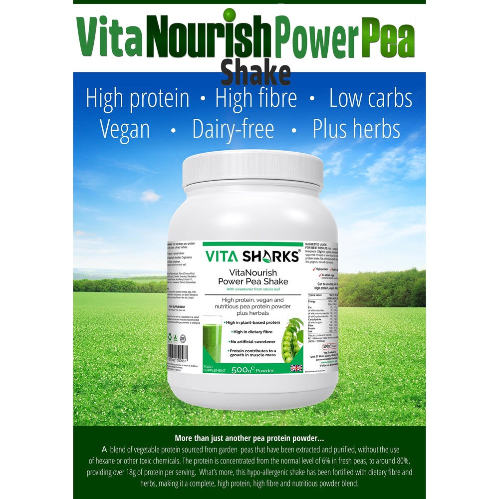 Buy VitaNourish Power Pea Shake | Protein Shake with Nutrient Dense Superfoods & Phyto-Nutrients - A high quality pea protein powder (from snap peas), blended with a range of other nutrient-dense superfoods and herbs for added antioxidants, fibre and phyto-nutrients. This unique formula contains a concentrated level of pea protein - from the 6% found in fresh peas up to around 80% providing 72.2g of protein per 100g at Sacred Remedy Online