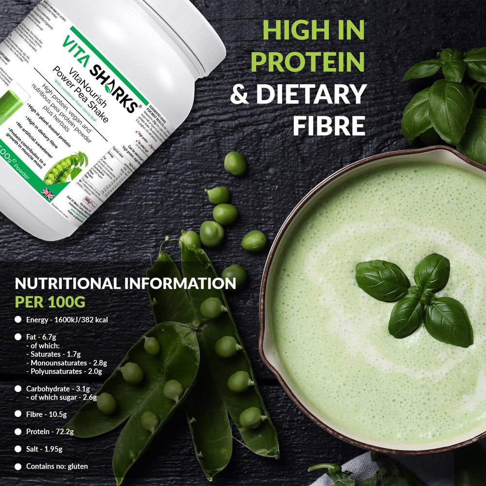 Buy VitaNourish Power Pea Shake | Protein Shake with Nutrient Dense Superfoods & Phyto-Nutrients - A high quality pea protein powder (from snap peas), blended with a range of other nutrient-dense superfoods and herbs for added antioxidants, fibre and phyto-nutrients. This unique formula contains a concentrated level of pea protein - from the 6% found in fresh peas up to around 80% providing 72.2g of protein per 100g at Sacred Remedy Online