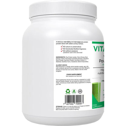 VitaNourish Power Pea Shake | Protein Shake with Nutrient Dense Superfoods & Phyto-Nutrients - A high quality pea protein powder (from snap peas), blended with a range of other nutrient-dense superfoods and herbs for added antioxidants, fibre and phyto-nutrients. This unique formula contains a concentrated level of pea protein - from the 6% found in fresh peas up to around 80% providing 72.2g of protein per 100g Buy Now at Sacred Remedy