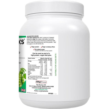 VitaNourish Power Pea Shake | Protein Shake with Nutrient Dense Superfoods & Phyto-Nutrients - A high quality pea protein powder (from snap peas), blended with a range of other nutrient-dense superfoods and herbs for added antioxidants, fibre and phyto-nutrients. This unique formula contains a concentrated level of pea protein - from the 6% found in fresh peas up to around 80% providing 72.2g of protein per 100g Buy Now at Sacred Remedy