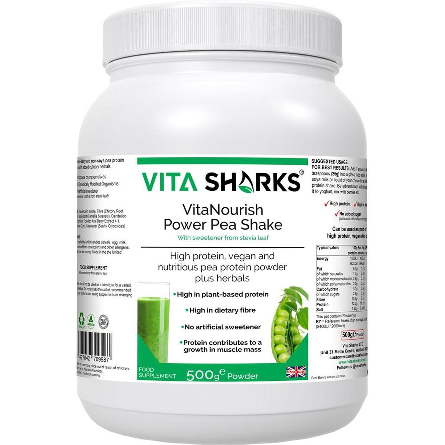 VitaNourish Power Pea Shake | Protein Shake with Nutrient Dense Superfoods & Phyto-Nutrients - A high quality pea protein powder (from snap peas), blended with a range of other nutrient-dense superfoods and herbs for added antioxidants, fibre and phyto-nutrients. This unique formula contains a concentrated level of pea protein - from the 6% found in fresh peas up to around 80% providing 72.2g of protein per 100g Buy Now at Sacred Remedy
